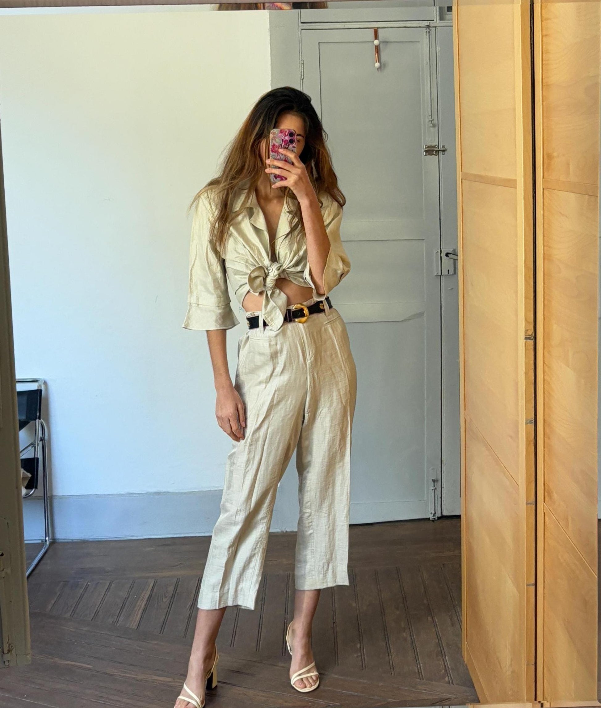 Vintage Paz Torras designer fashion two piece. Glitter sand linen set. Skirt and pants luxury Wedding guest outfit, Size XXL