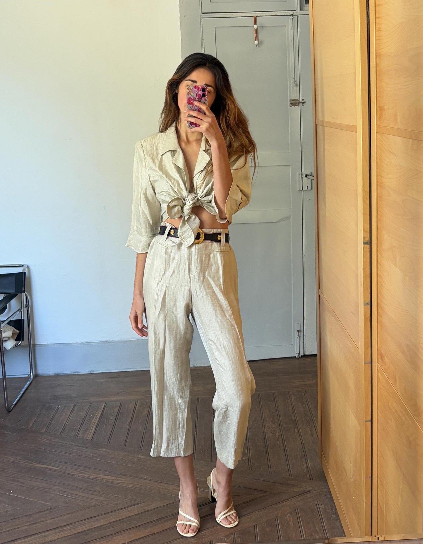 Vintage Paz Torras designer fashion two piece. Glitter sand linen set. Skirt and pants luxury Wedding guest outfit, Size XXL