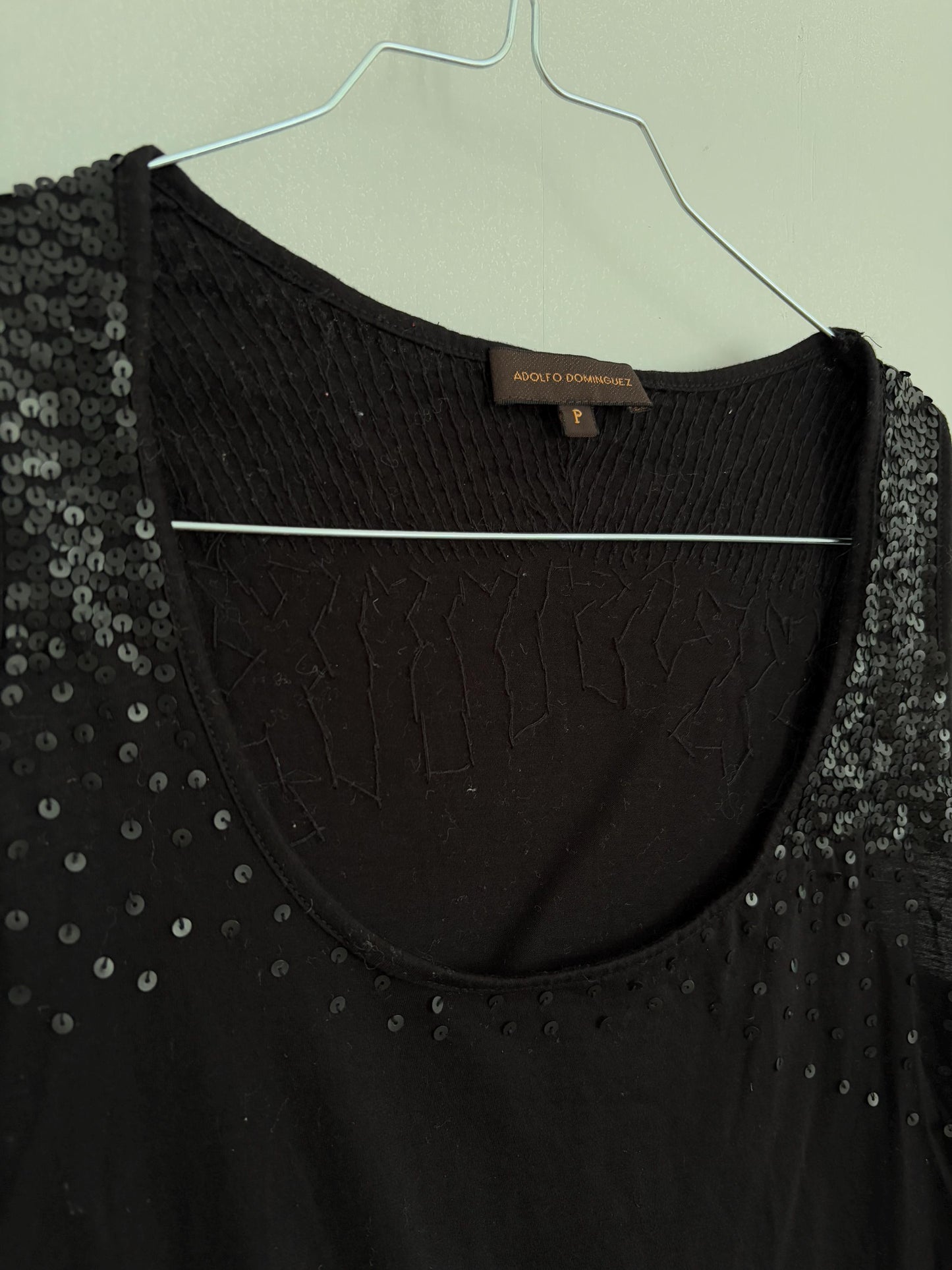 Spanish designer Vintage Adolfo Dominguez Top, luxury vintage black sequin decorated camisole, Open neck tank top, Elegant sleeveless shirt