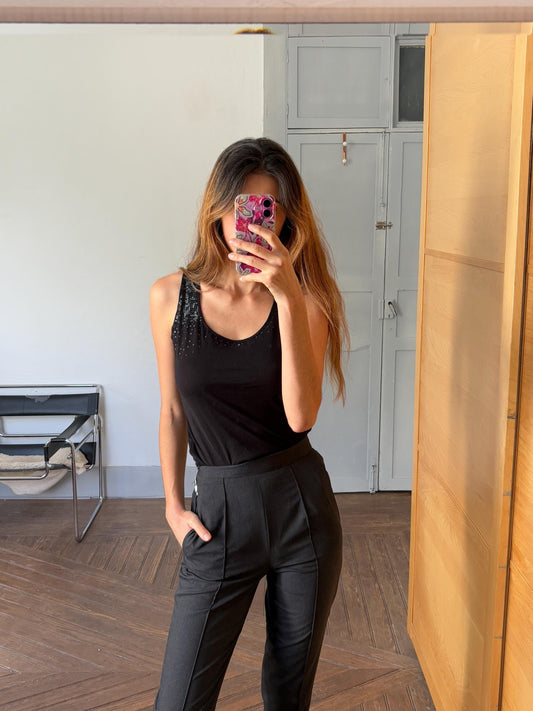 Spanish designer Vintage Adolfo Dominguez Top, luxury vintage black sequin decorated camisole, Open neck tank top, Elegant sleeveless shirt