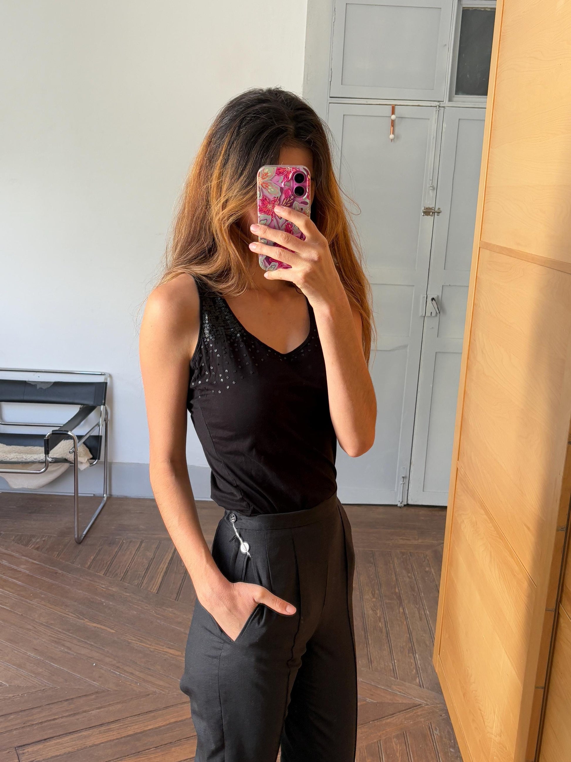 Spanish designer Vintage Adolfo Dominguez Top, luxury vintage black sequin decorated camisole, Open neck tank top, Elegant sleeveless shirt