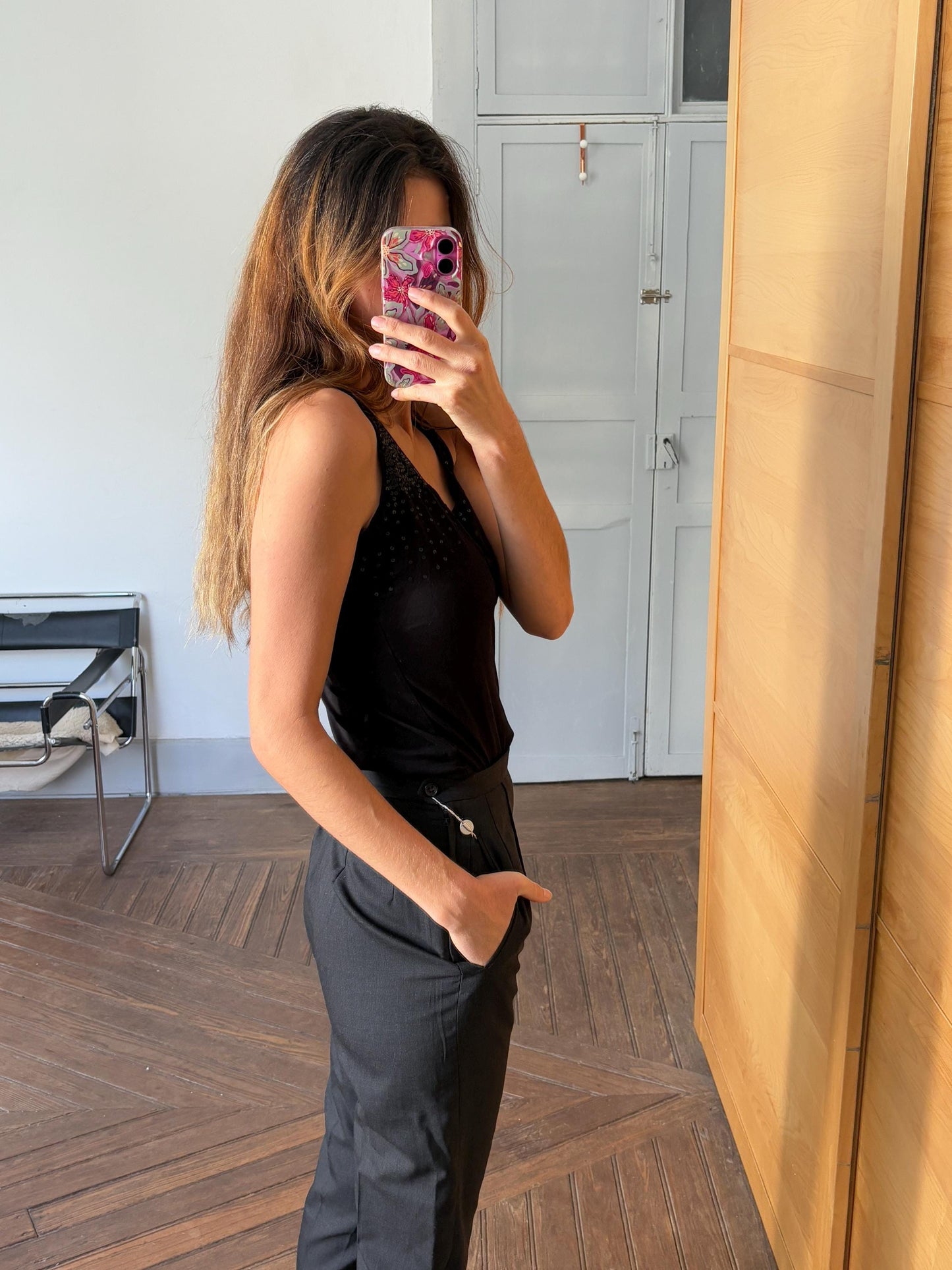 Spanish designer Vintage Adolfo Dominguez Top, luxury vintage black sequin decorated camisole, Open neck tank top, Elegant sleeveless shirt