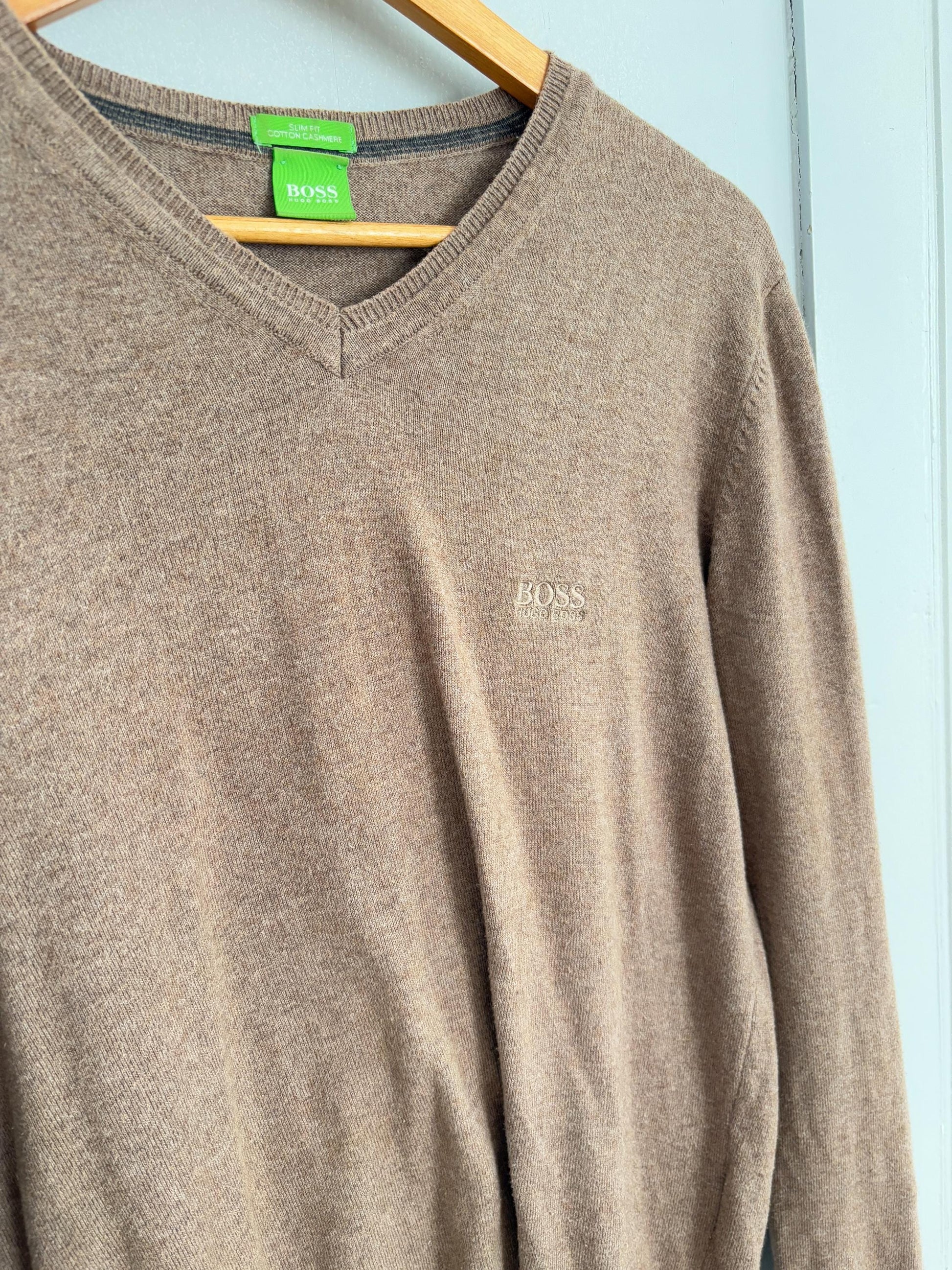Light academia vintage Hugo Boss pullover, Cotton - cashmere winter sweater, Cozy tan slim fit autumn knit, Size M