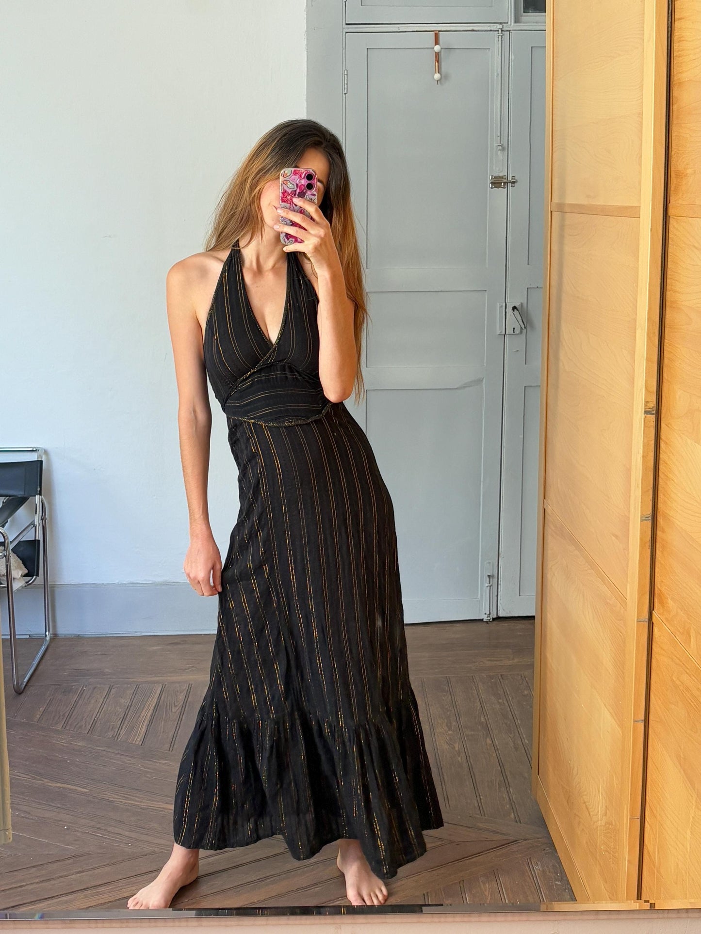 Vintage black and gold maxi dress, Designer long Basic casual loose fit summer dress, Sexy deep v neck line feminine summer clothing