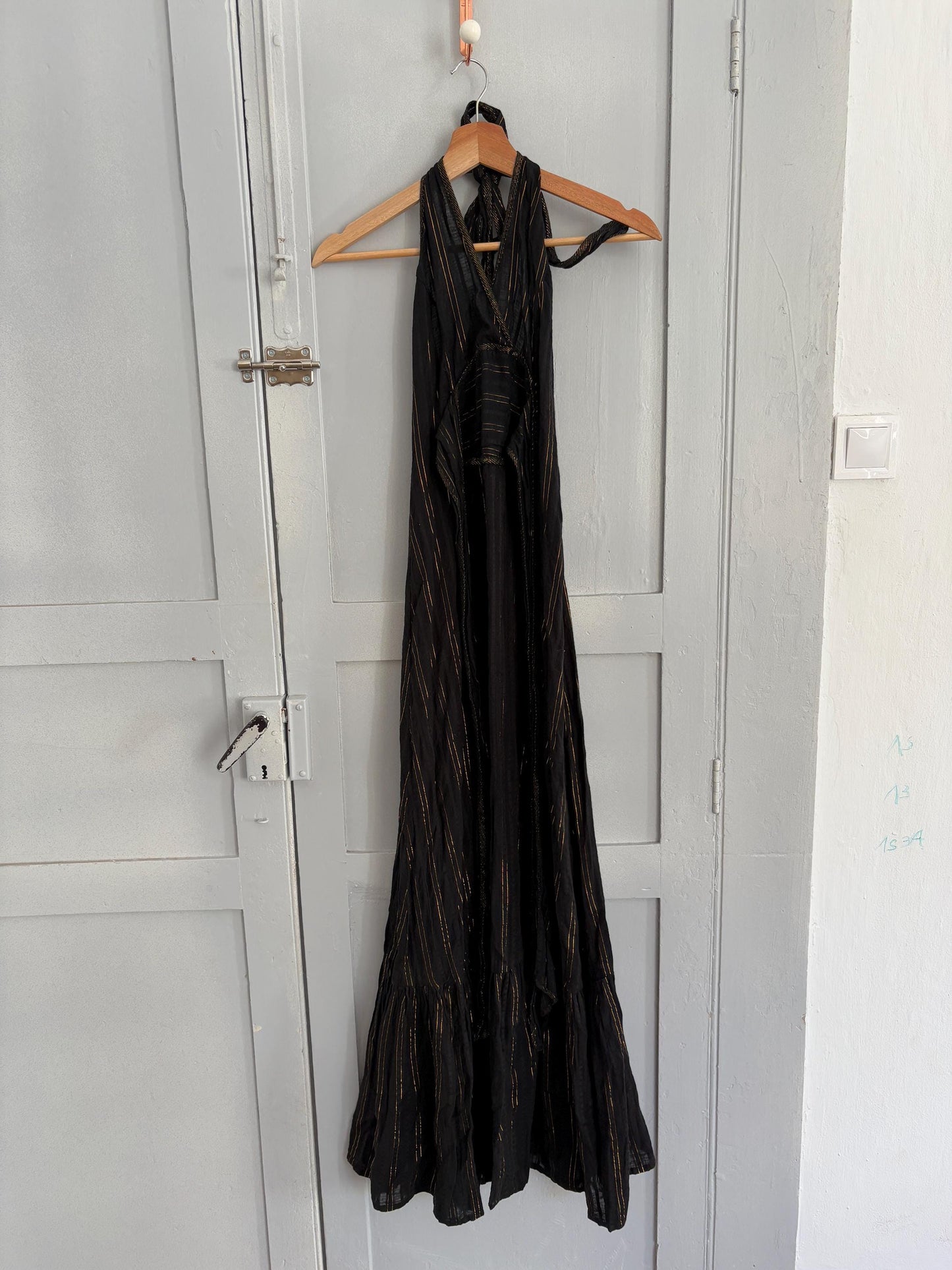 Vintage black and gold maxi dress, Designer long Basic casual loose fit summer dress, Sexy deep v neck line feminine summer clothing