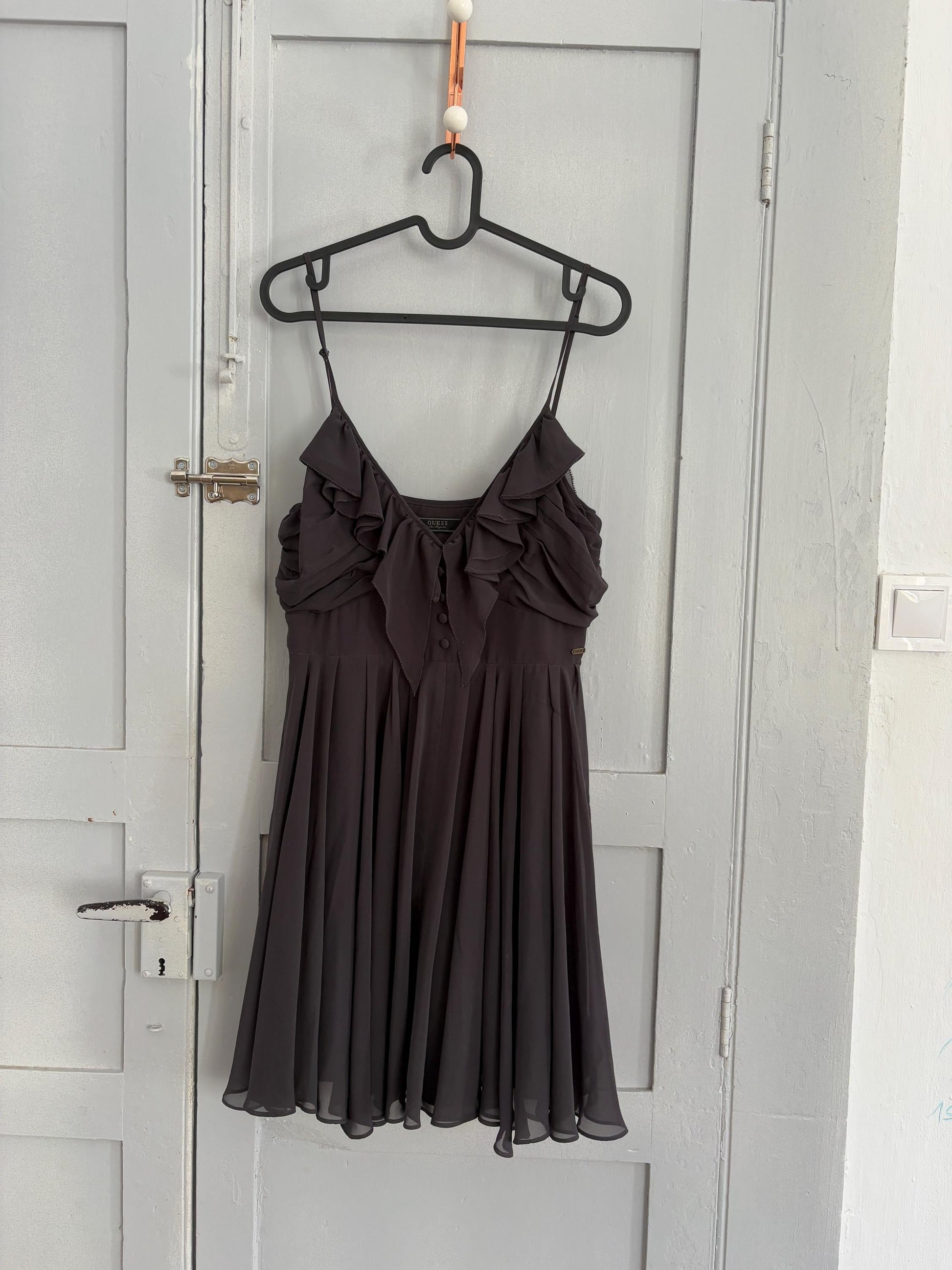 Vintage Guess grey Babydoll dress, Ruffled V neck playful summer dress, Date night cute mini dress