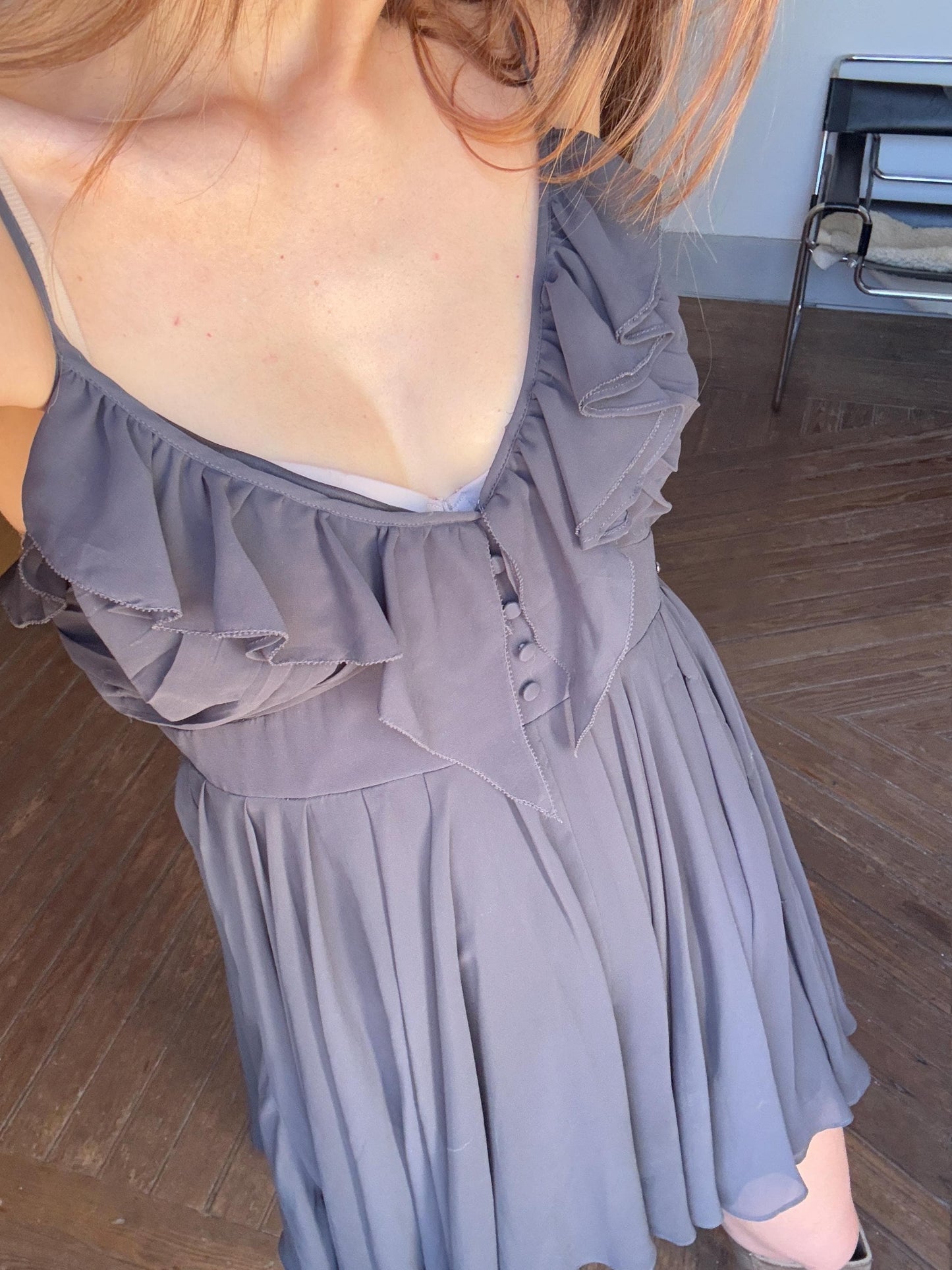 Vintage Guess grey Babydoll dress, Ruffled V neck playful summer dress, Date night cute mini dress