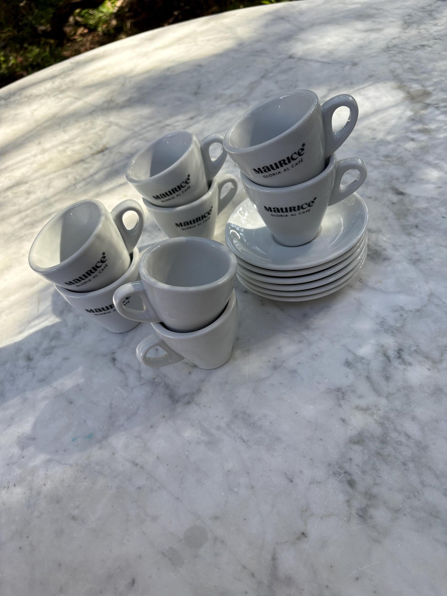 Thick rimmed Vintage Maurice Gloria al cafe Espresso cups, Set of 6 Cups and saucers, Specialty coffee lover gift