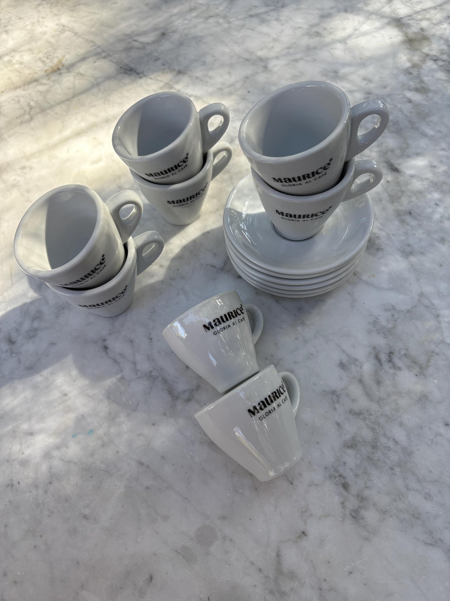 Thick rimmed Vintage Maurice Gloria al cafe Espresso cups, Set of 6 Cups and saucers, Specialty coffee lover gift