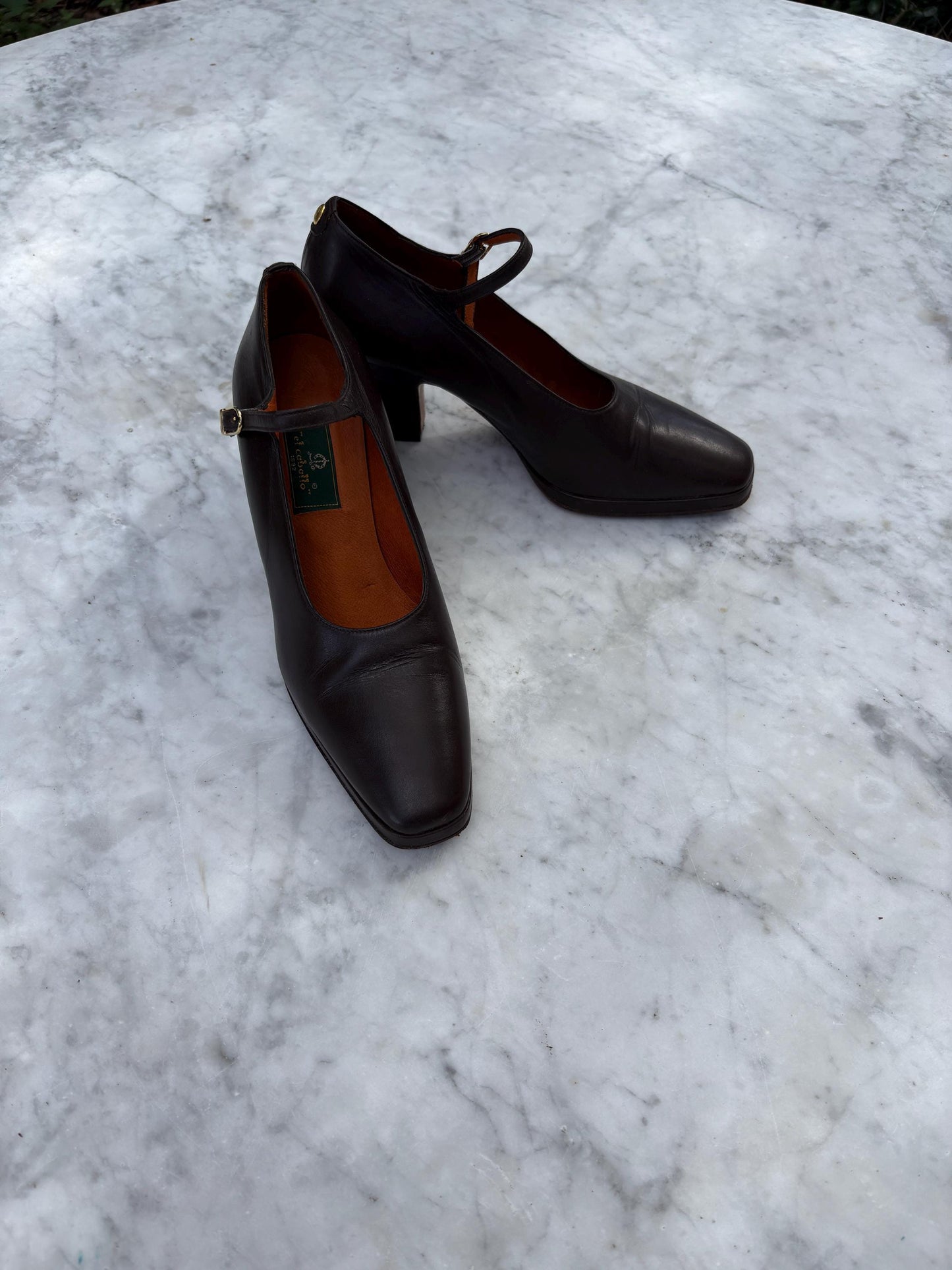 Vintage El Caballo dark brown leather Mary Jane heels, 8 cm block heel shoes, made in Spain, 36E size, classic retro leather pumps