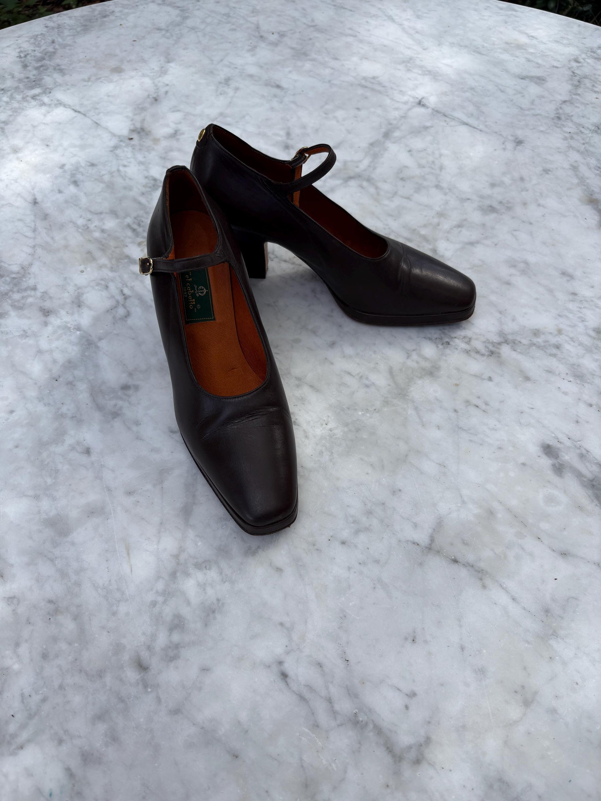 Vintage El Caballo dark brown leather Mary Jane heels, 8 cm block heel shoes, made in Spain, 36E size, classic retro leather pumps