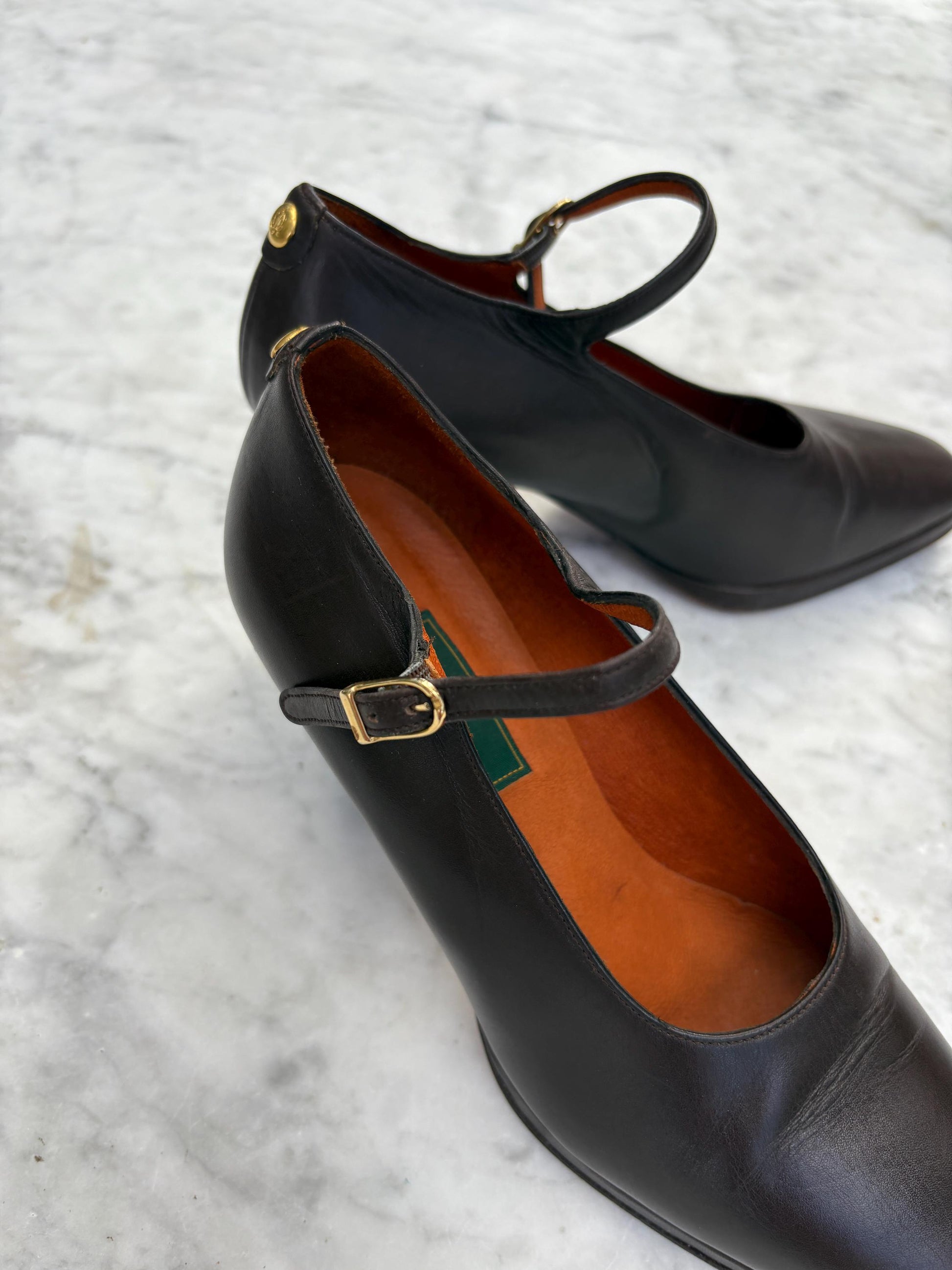 Vintage El Caballo dark brown leather Mary Jane heels, 8 cm block heel shoes, made in Spain, 36 size, classic retro leather pumps