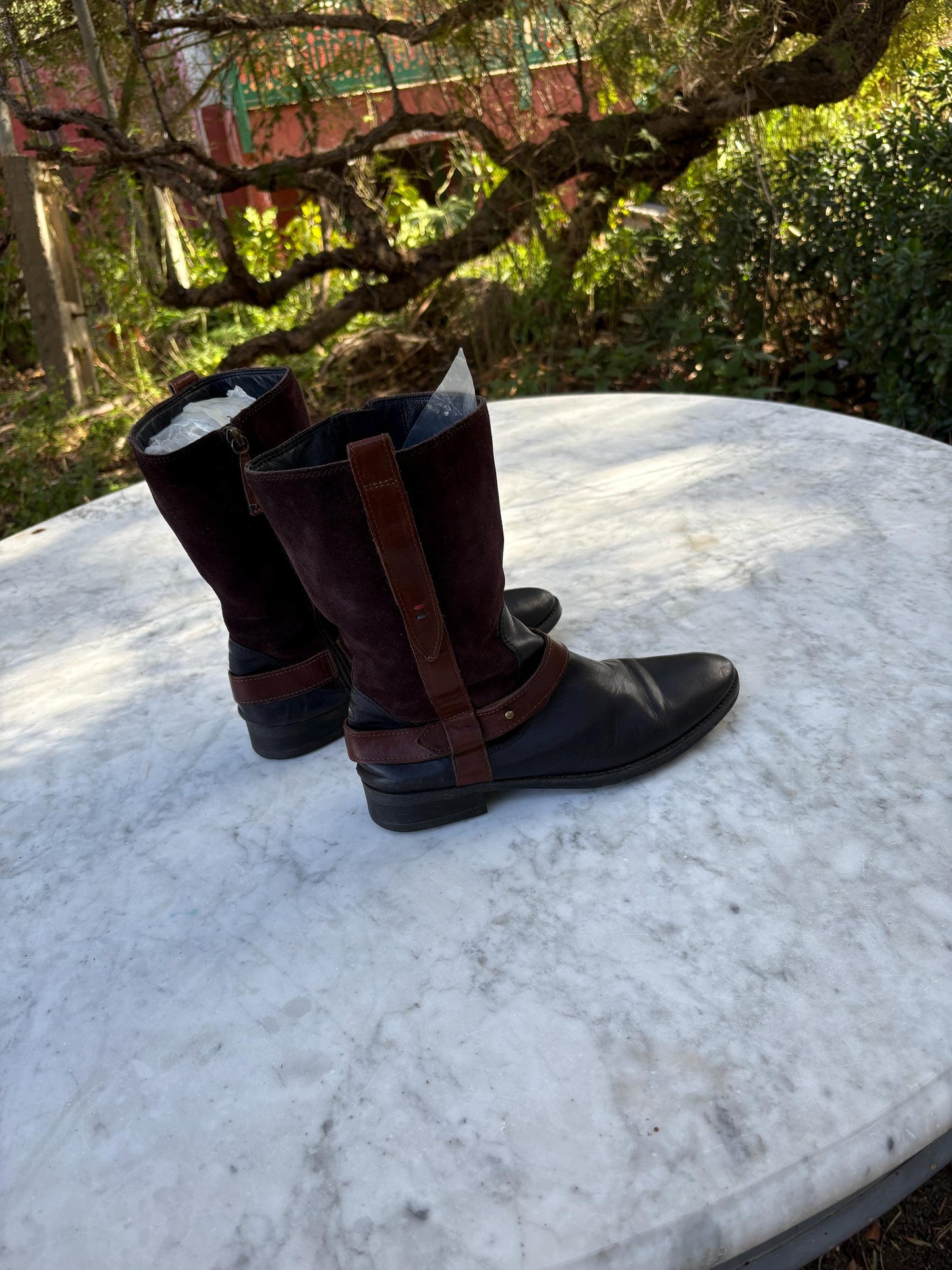 Vintage Tommy Hilfiger leather boots, Women's plaid Wellington Boots, Fancy fashionable short boots, Designer, Size EU 39