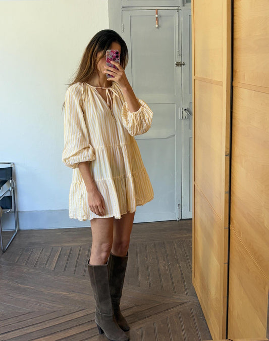 Short yellow and white cute striped mini dress with Puff sleeves, Scandic fashion piece of clothing, Unique short summer dress, Size S