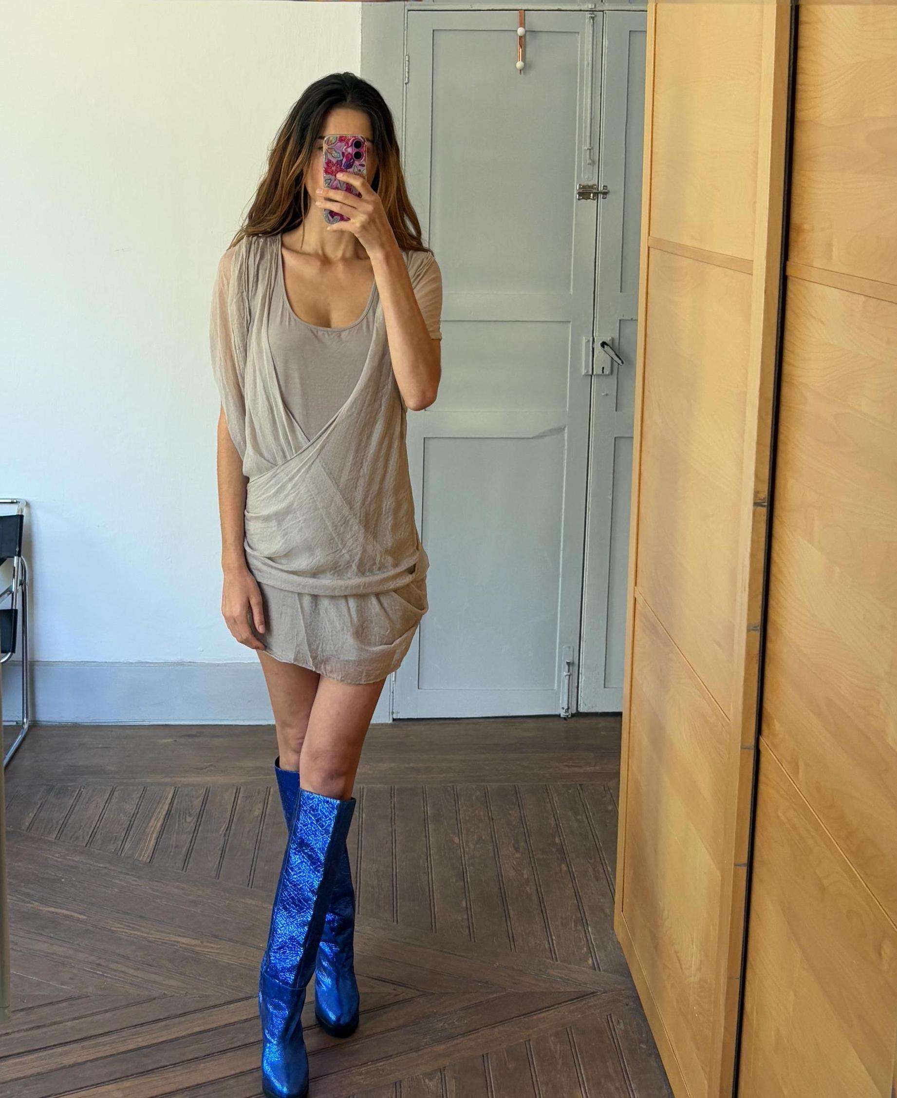 Vintage 100 % silk Light Grey Mini Dress | Soft Elastic Minimalist Style, Basic futuristic wrap around sleeveless summer dress, Size S