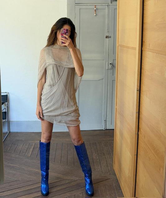 Vintage 100 % silk Light Grey Mini Dress | Soft Elastic Minimalist Style, Basic futuristic wrap around sleeveless summer dress, Size S