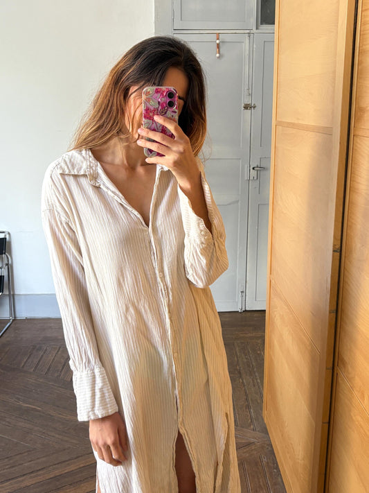 Vintage cotton striped long Nightgown, White Cottage core nightie , Feminine french antique blouse dress, Cotton nightwear, L