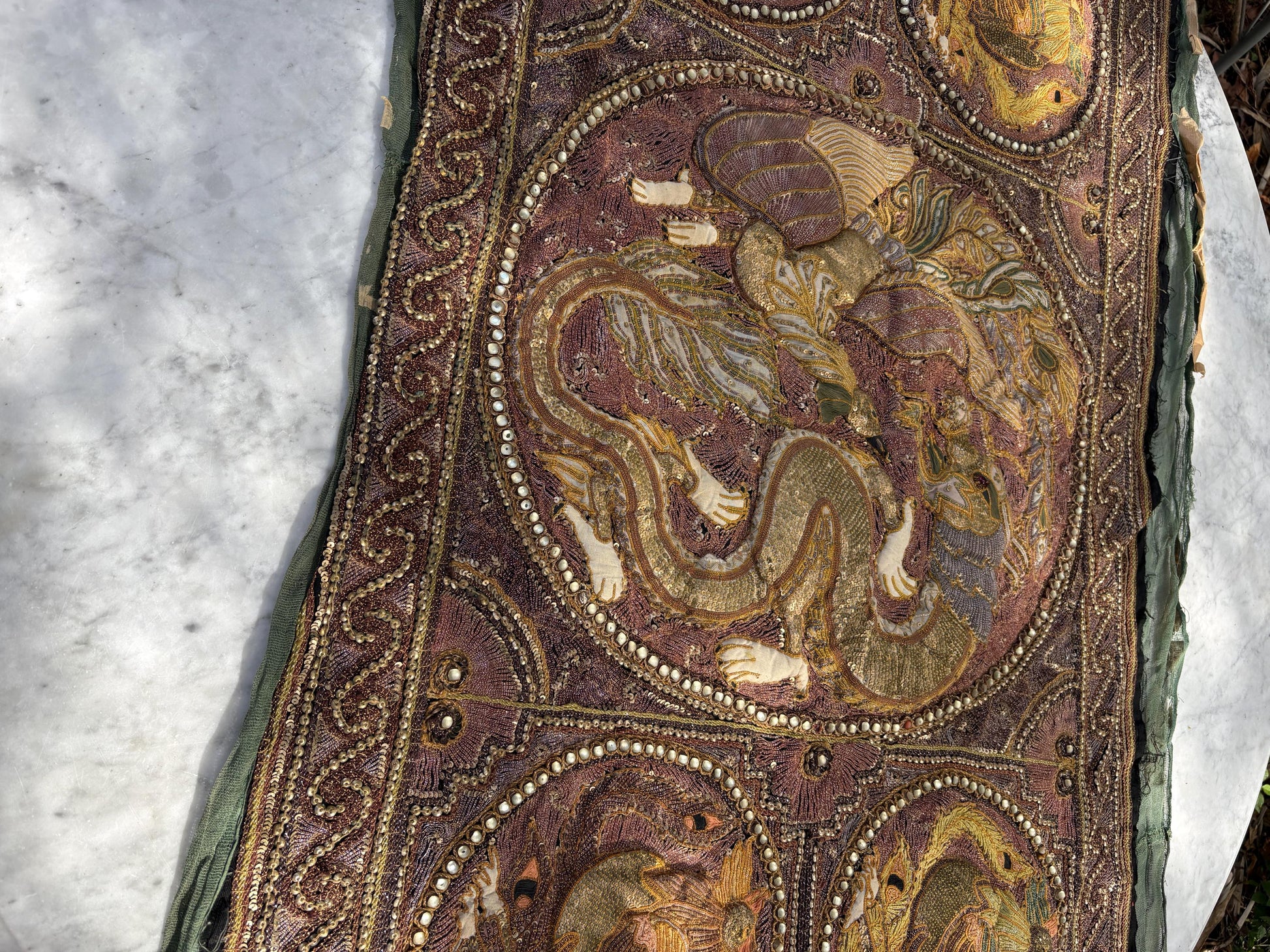 Large Antique Burmese Kalaga Tapestry – Hand-Embroidered Beaded Wall Hanging – Gold Silver Thread Dragon & Peacock – 19th/20th Century