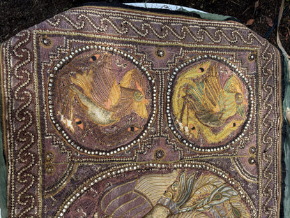 Large Antique Burmese Kalaga Tapestry – Hand-Embroidered Beaded Wall Hanging – Gold Silver Thread Dragon & Peacock – 19th/20th Century