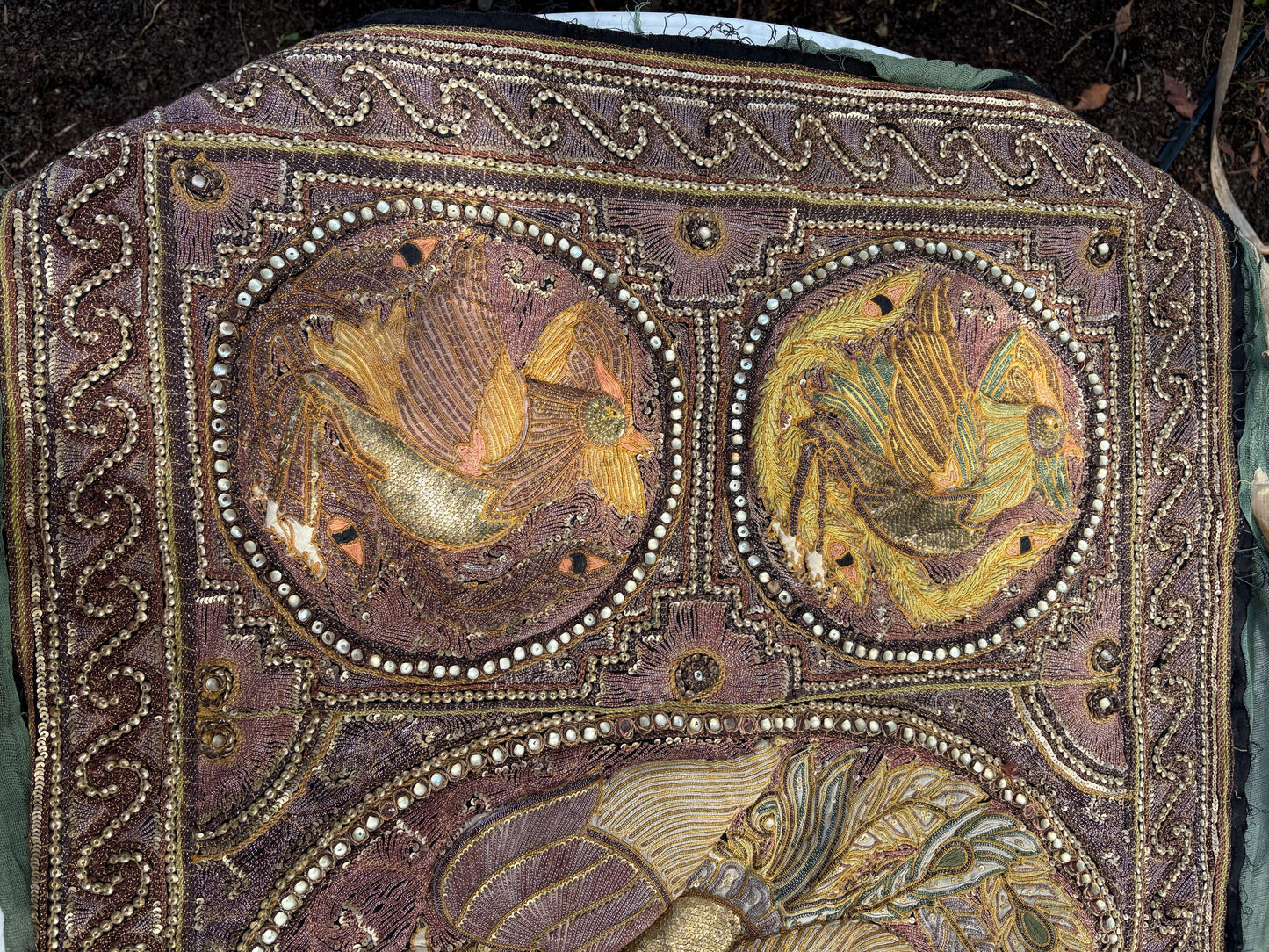 Large Antique Burmese Kalaga Tapestry – Hand-Embroidered Beaded Wall Hanging – Gold Silver Thread Dragon & Peacock – 19th/20th Century