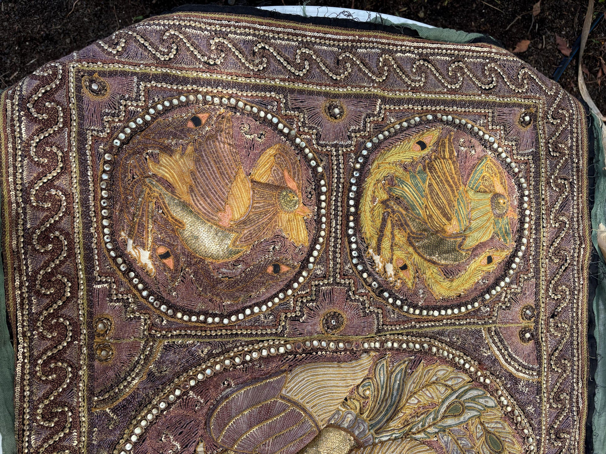 Large Antique Burmese Kalaga Tapestry – Hand-Embroidered Beaded Wall Hanging – Gold Silver Thread Dragon & Peacock – 19th/20th Century