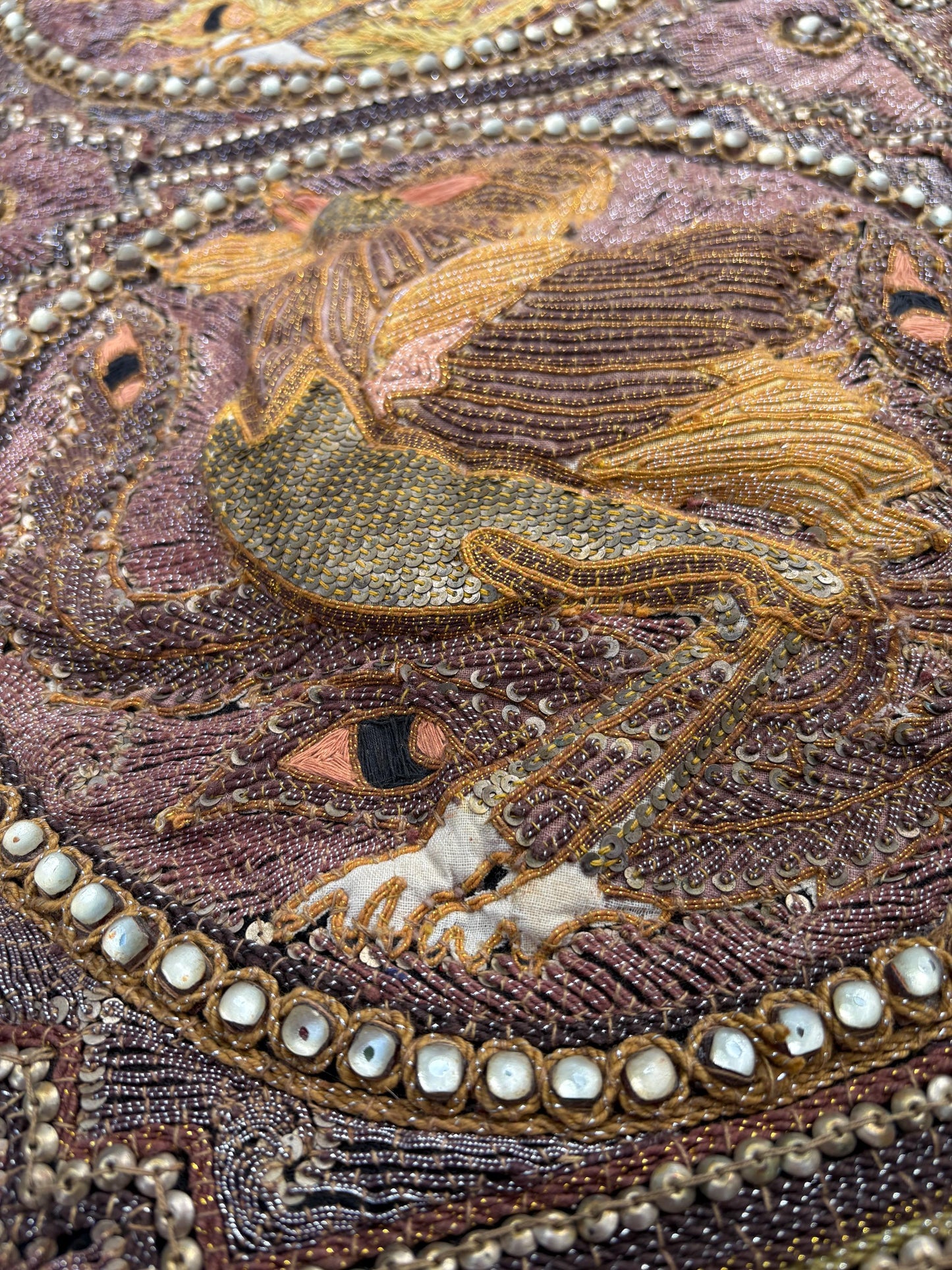 Large Antique Burmese Kalaga Tapestry – Hand-Embroidered Beaded Wall Hanging – Gold Silver Thread Dragon & Peacock – 19th/20th Century