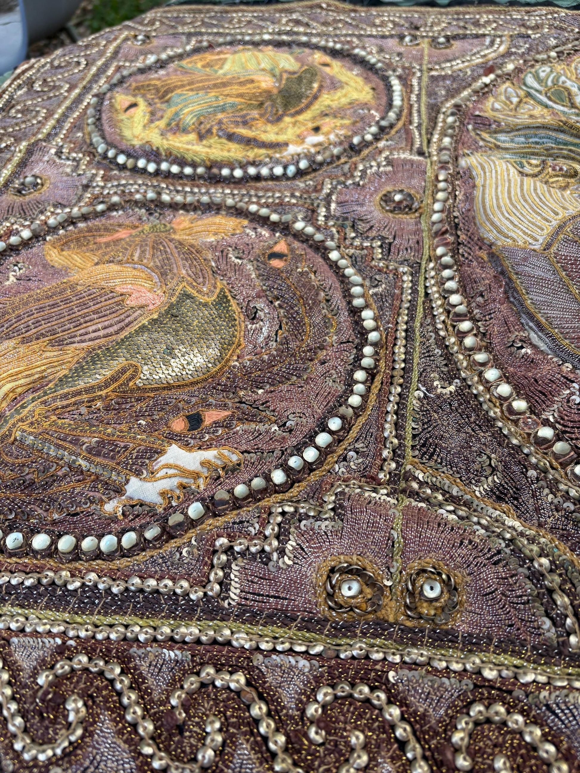 Large Antique Burmese Kalaga Tapestry – Hand-Embroidered Beaded Wall Hanging – Gold Silver Thread Dragon & Peacock – 19th/20th Century