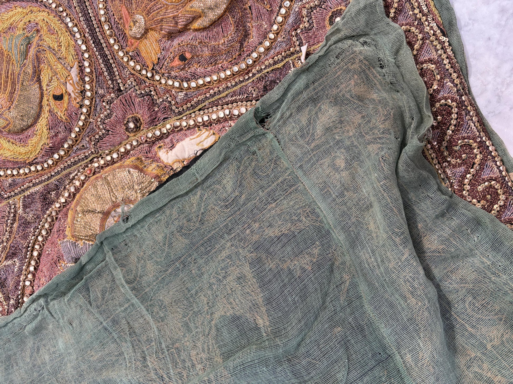 Large Antique Burmese Kalaga Tapestry – Hand-Embroidered Beaded Wall Hanging – Gold Silver Thread Dragon & Peacock – 19th/20th Century