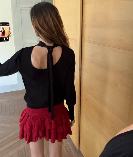 Vintage black René Lezard long sleeve shirt, Elegant open back formal black top, European designer clothing, Size L