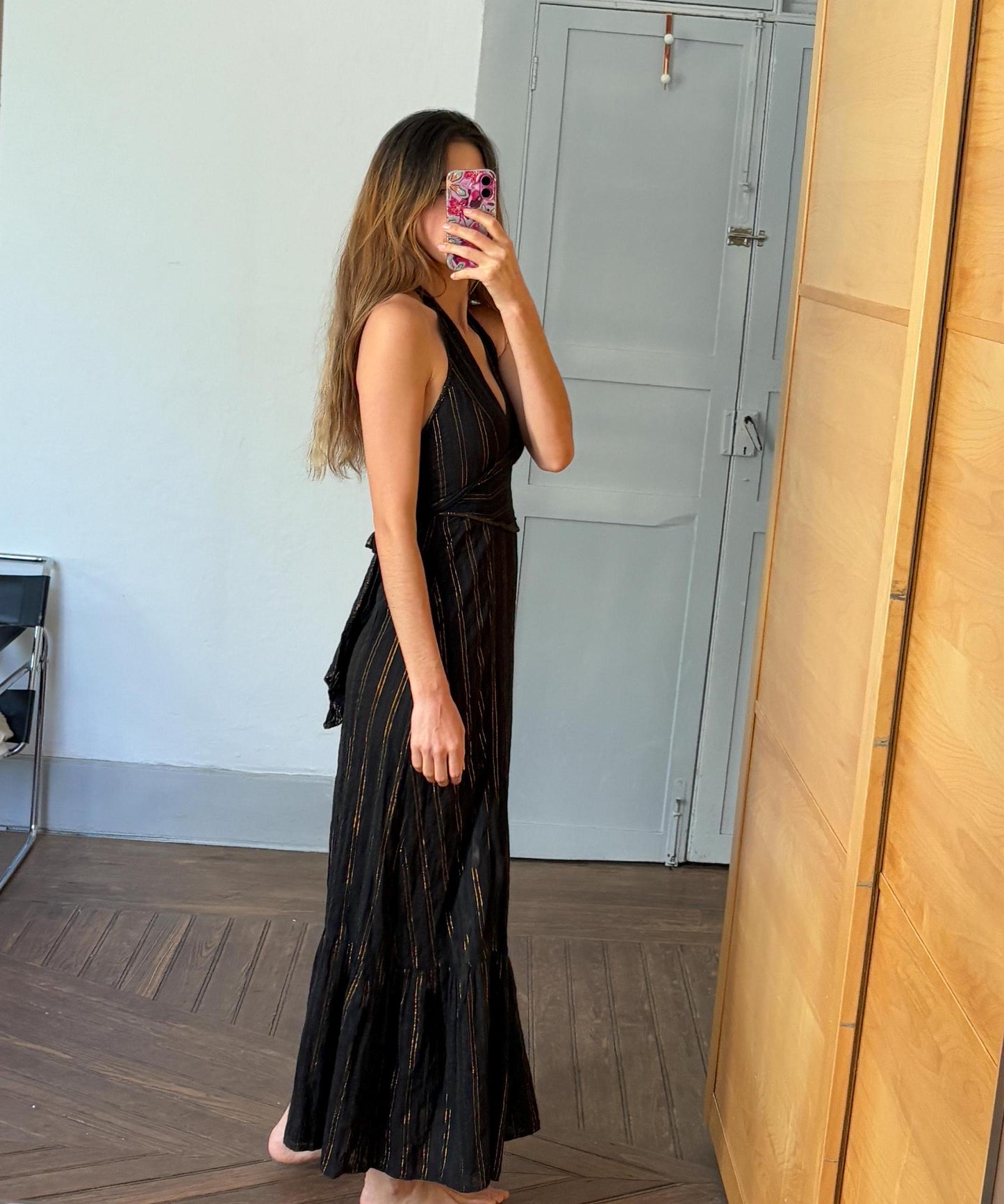 Vintage black and gold maxi dress, Designer long Basic casual loose fit summer dress, Sexy deep v neck line feminine summer clothing
