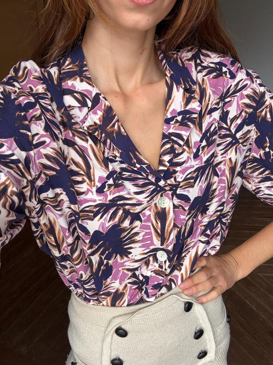 Vintage Hawaiian Shirt, Tropical Print Button Up, Short Sleeve Summer Shirt, Unisex Relaxed Fit, Purple Palm Leaves, Size L