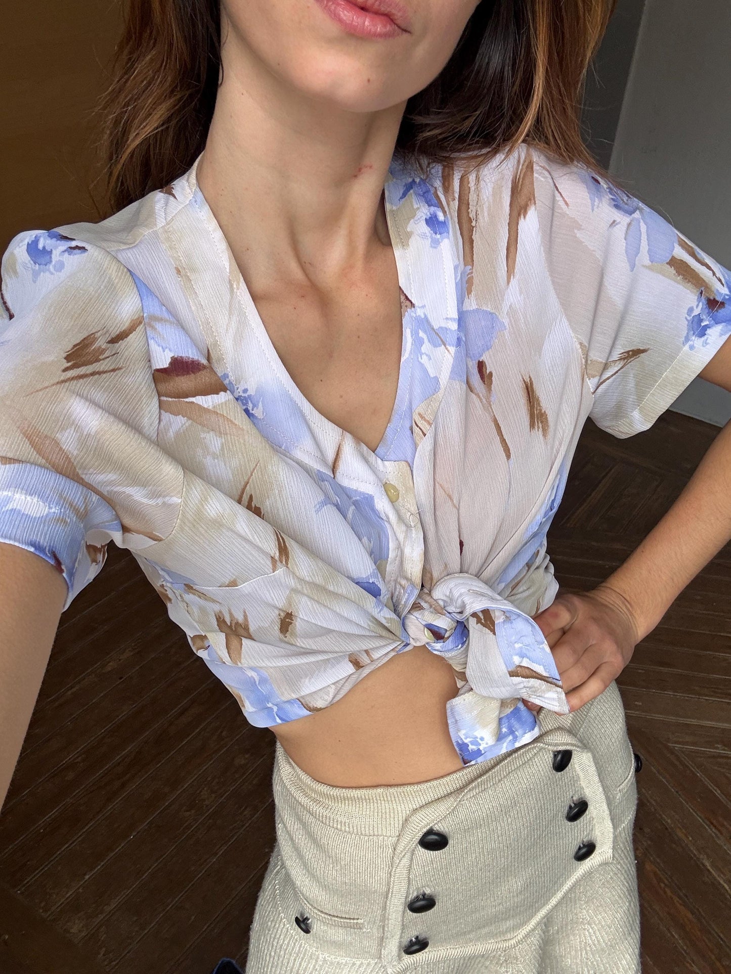 Vintage Floral Blouse, B de Brel Spain, Sheer Button Up Shirt, Romantic Summer Top, Women’s Size EU 44 - 46 / US L, Cottagecore Blouse