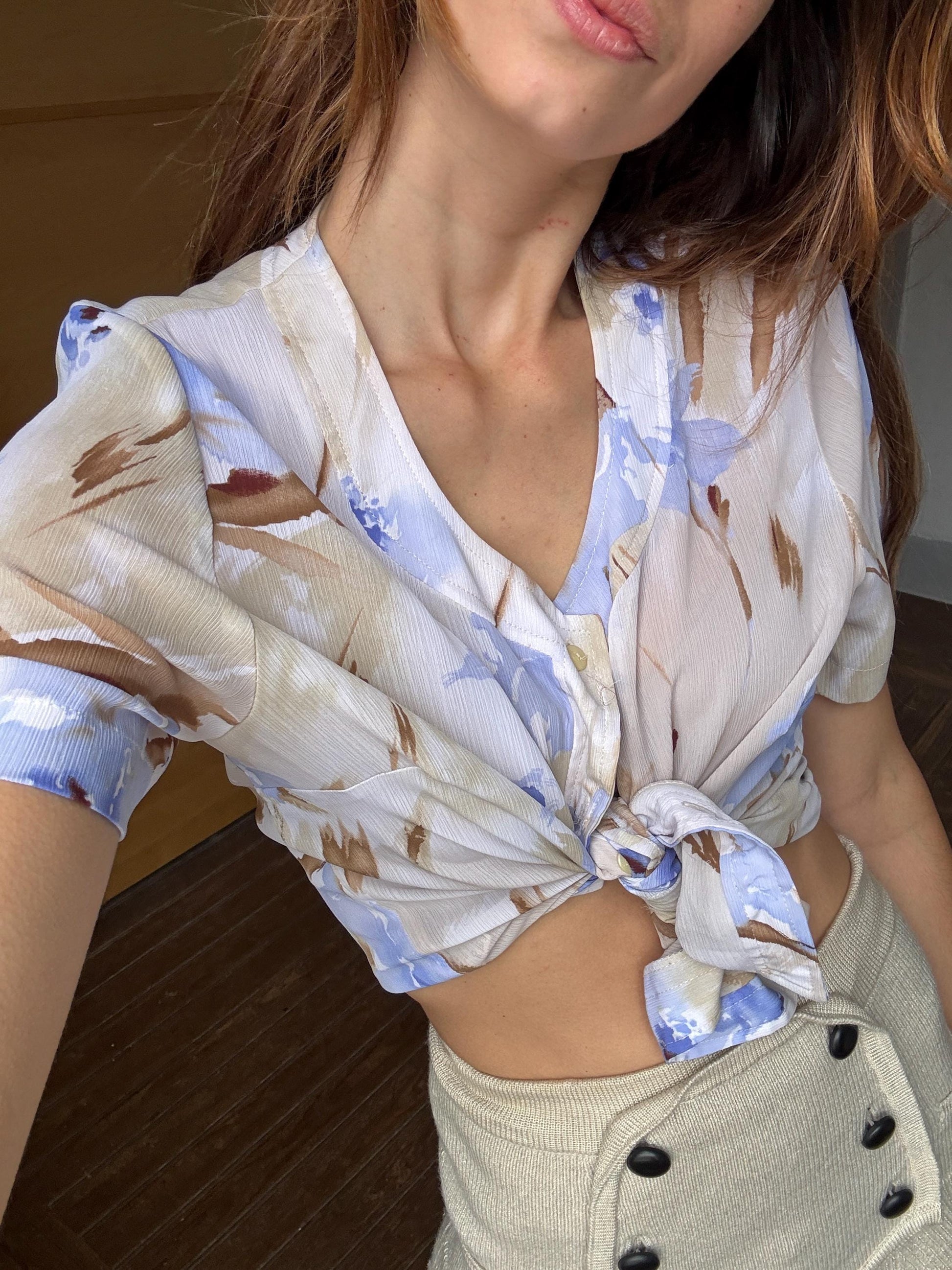 Vintage Floral Blouse, B de Brel Spain, Sheer Button Up Shirt, Romantic Summer Top, Women’s Size EU 44 - 46 / US L, Cottagecore Blouse