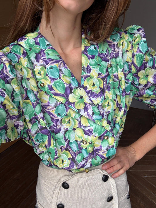 Vintage floral woman camisole, 60s flower top, Short sleeve colourful feminine summer clothing