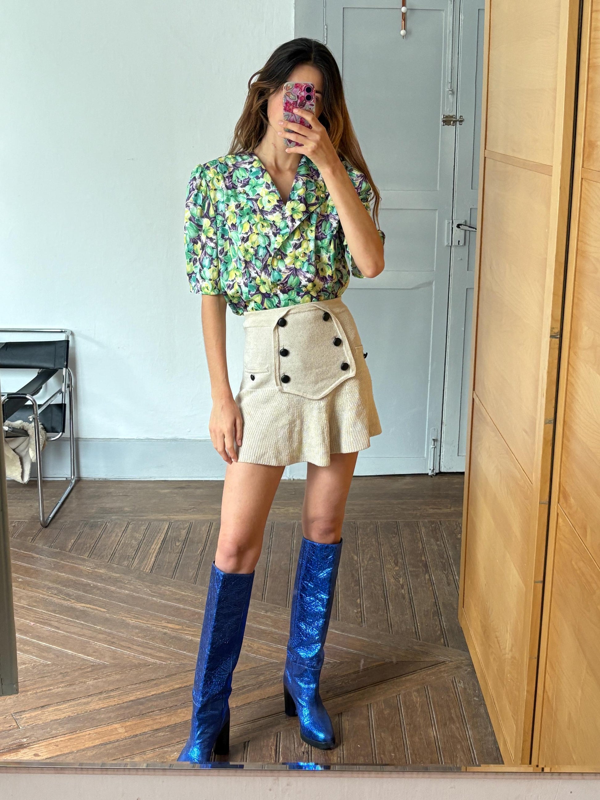 Vintage floral woman camisole, 60s flower top, Short sleeve colourful feminine summer clothing