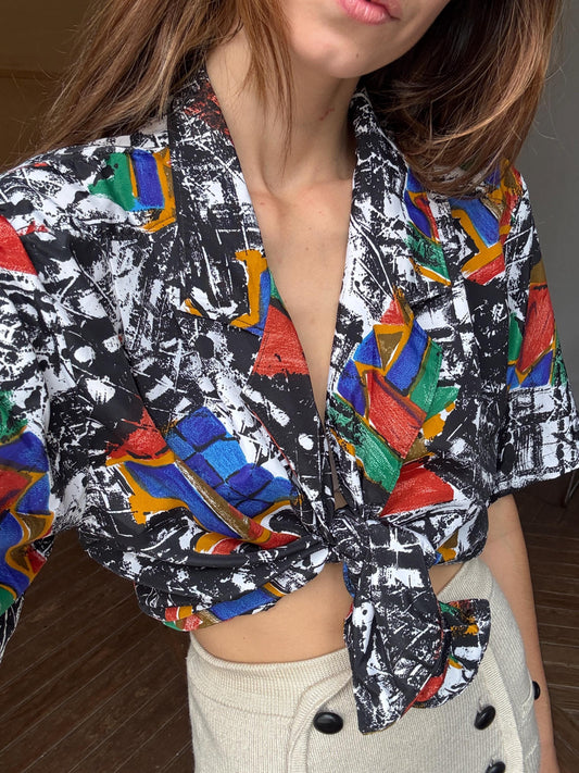 Vintage abstract retro button up shirt, Patterned top, Cute short sleeve summer shirt, Loose oversized 70s blouse