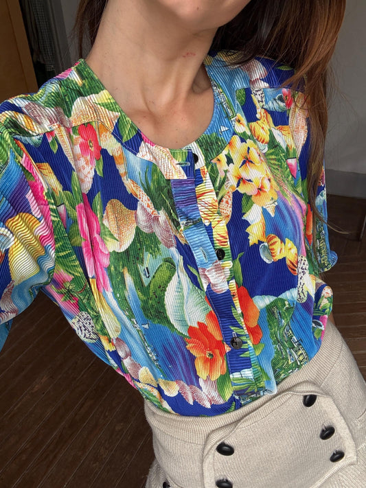 Vintage tropical floral woman camisole, 60s flower top, Short sleeve colourful feminine summer clothing