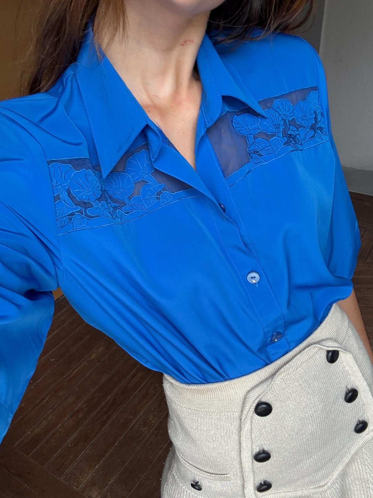 Vintage cobalt Blue summer Blouse, Retro Button-Up shirt, Vibrant pop of colour a la Emily In Paris
