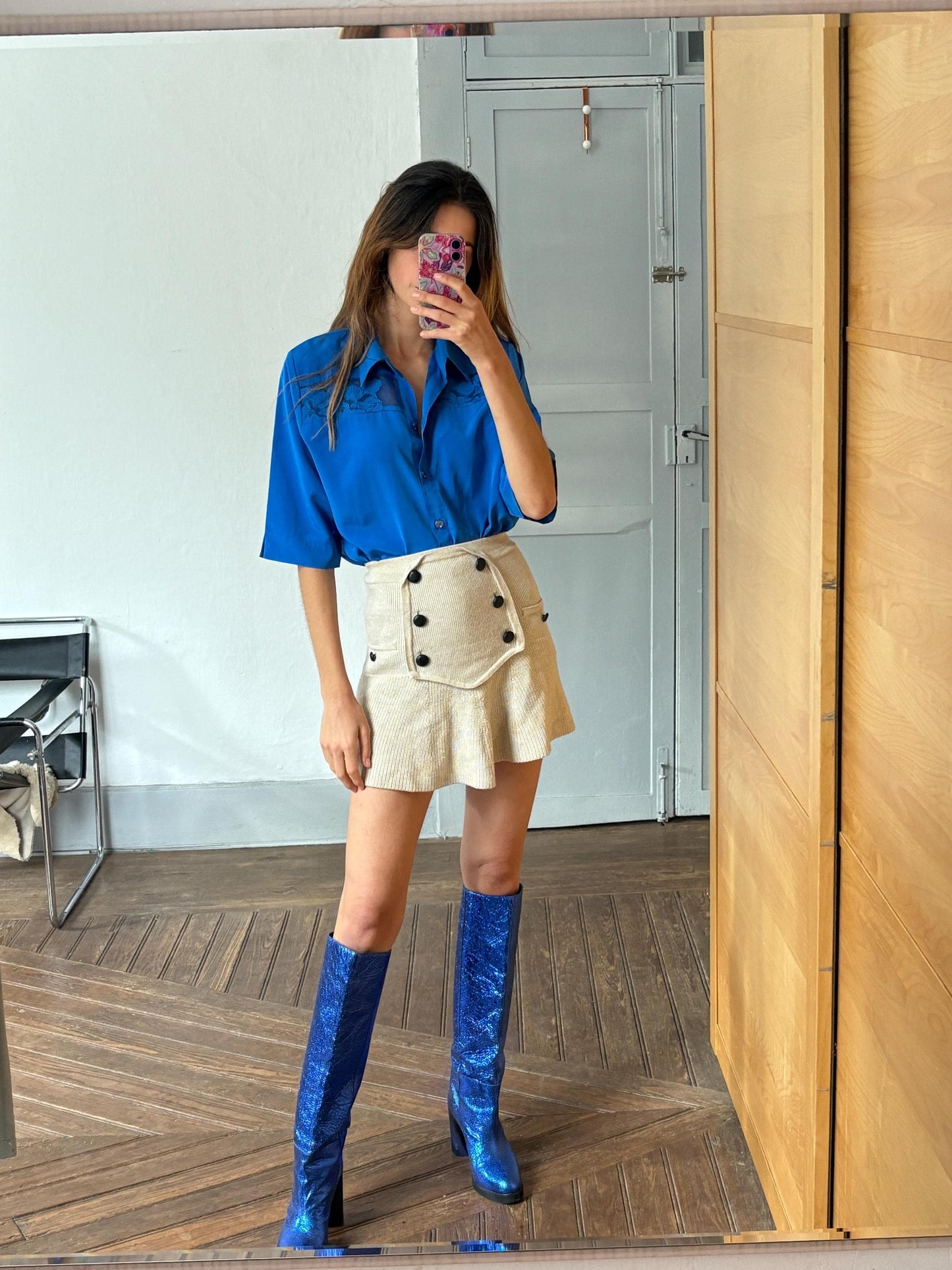 Vintage cobalt Blue summer Blouse, Retro Button-Up shirt, Vibrant pop of colour a la Emily In Paris