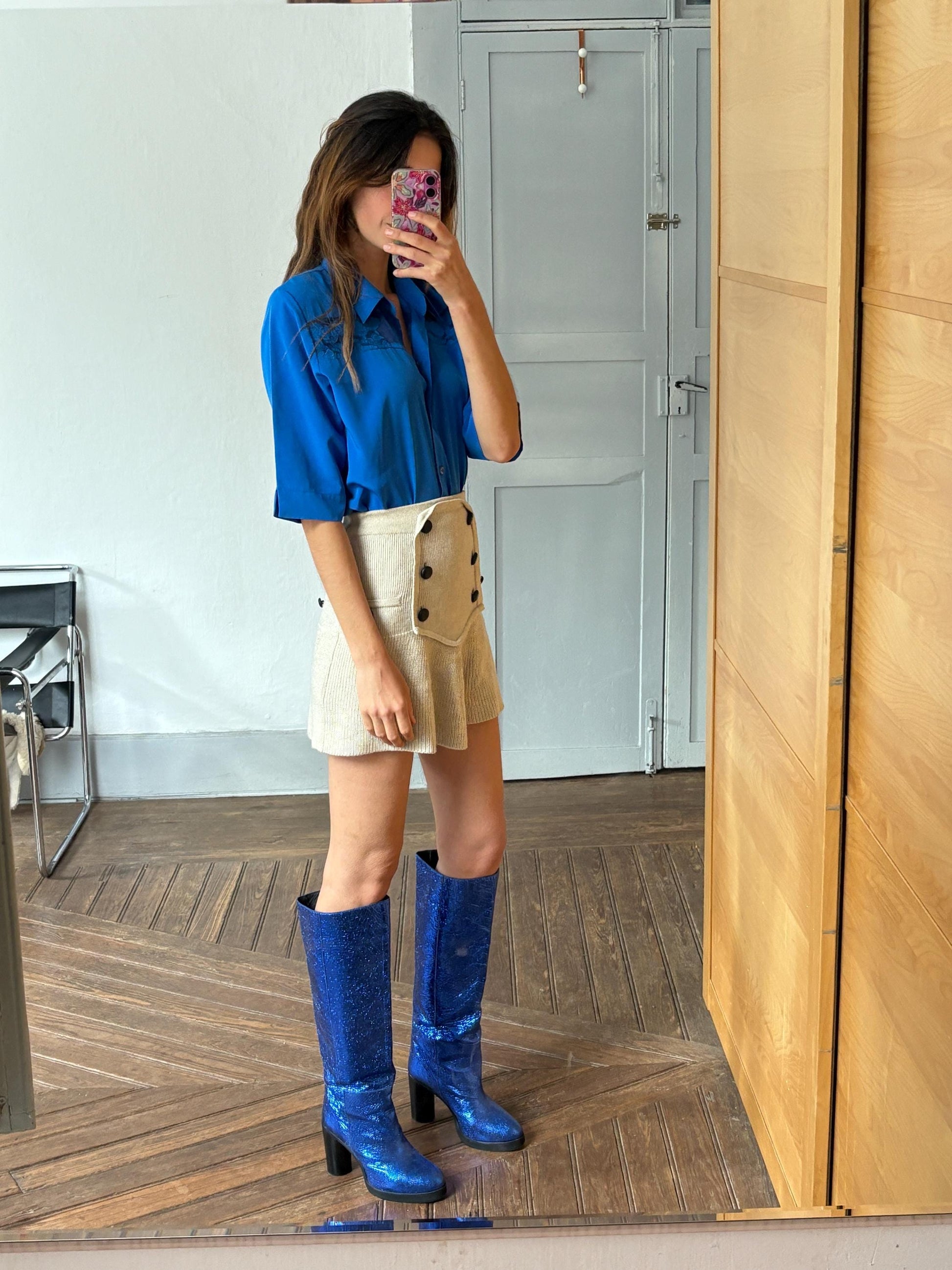 Vintage cobalt Blue summer Blouse, Retro Button-Up shirt, Vibrant pop of colour a la Emily In Paris