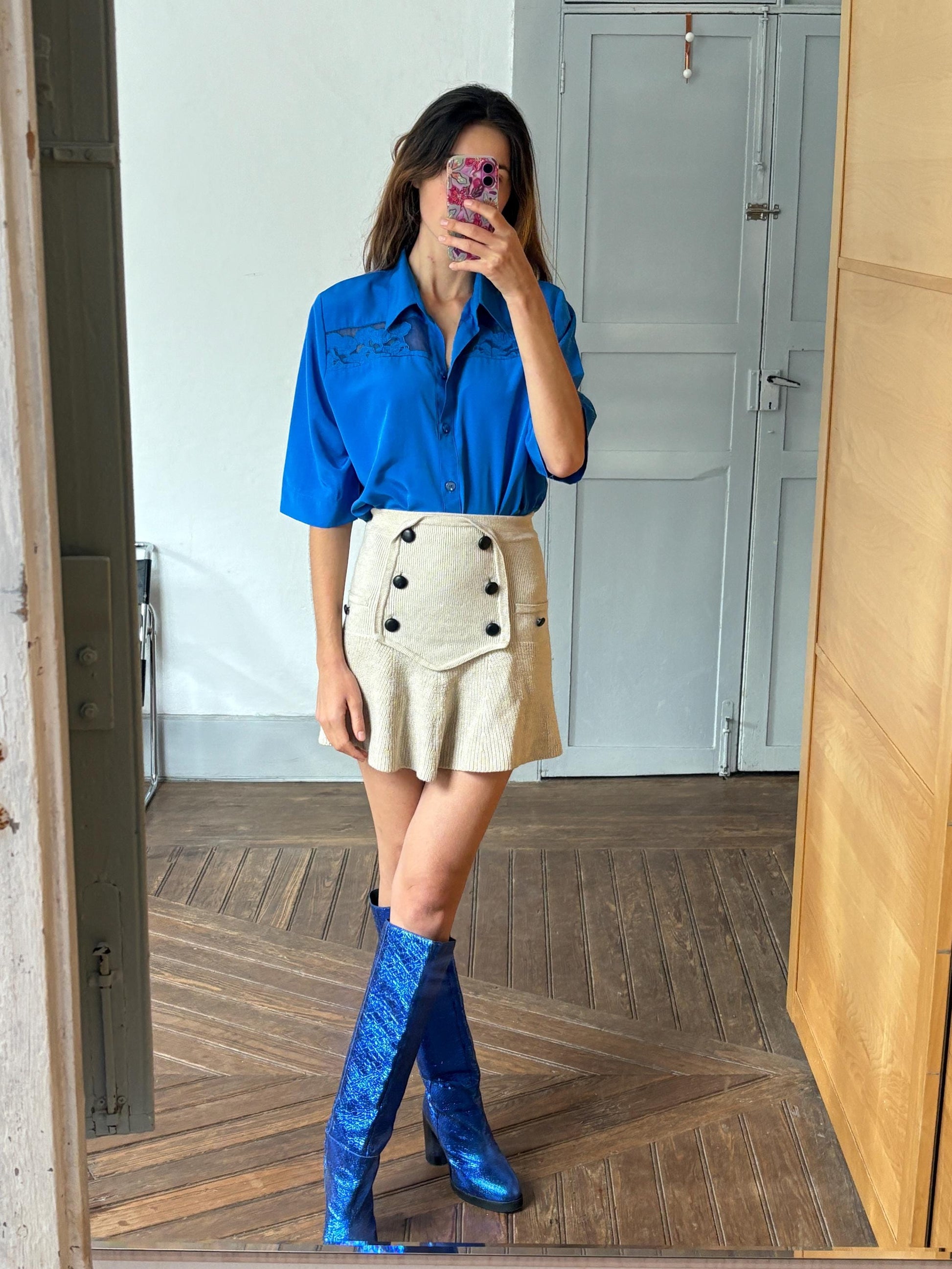 Vintage cobalt Blue summer Blouse, Retro Button-Up shirt, Vibrant pop of colour a la Emily In Paris