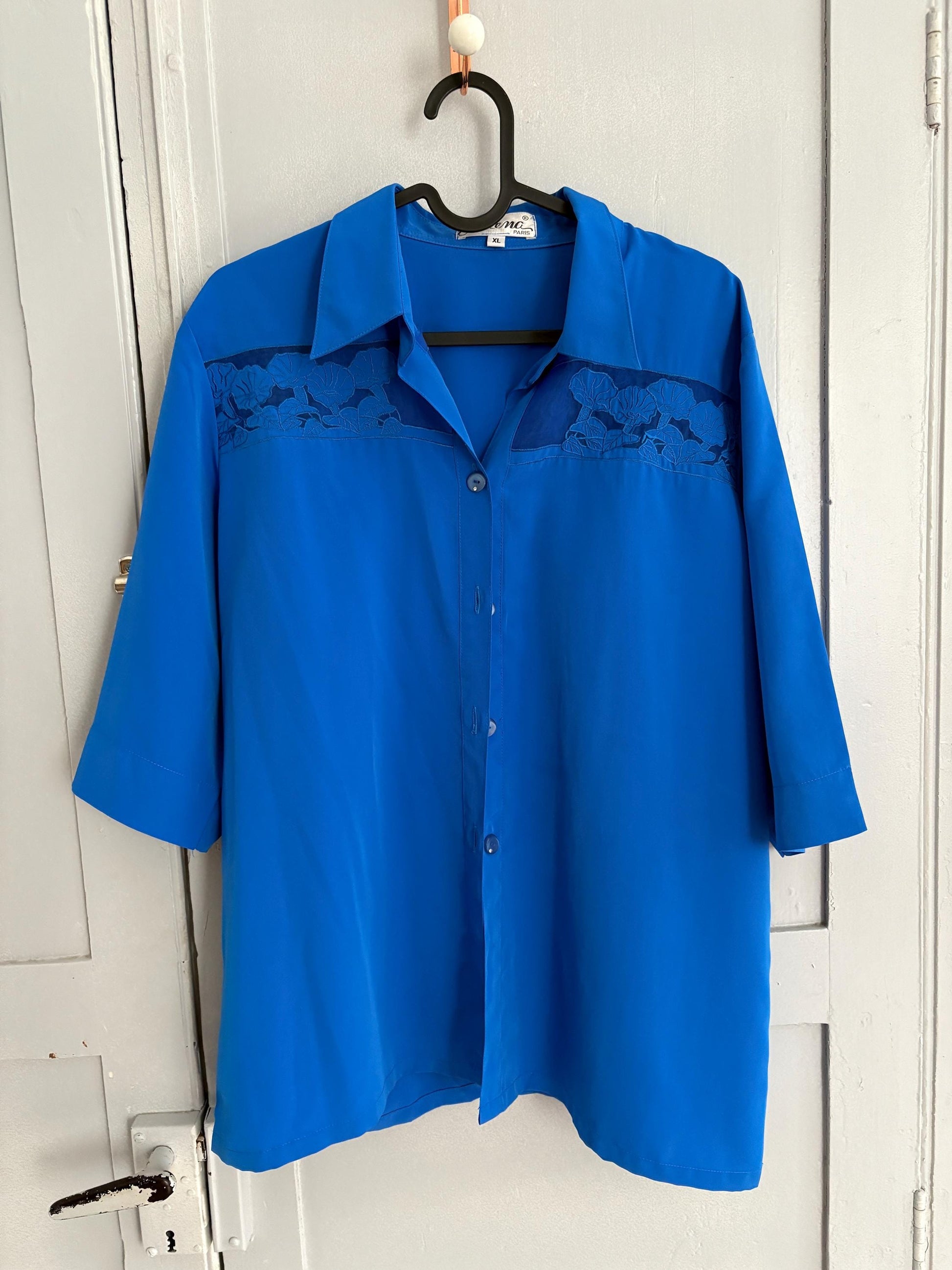 Vintage cobalt Blue summer Blouse, Retro Button-Up shirt, Vibrant pop of colour a la Emily In Paris