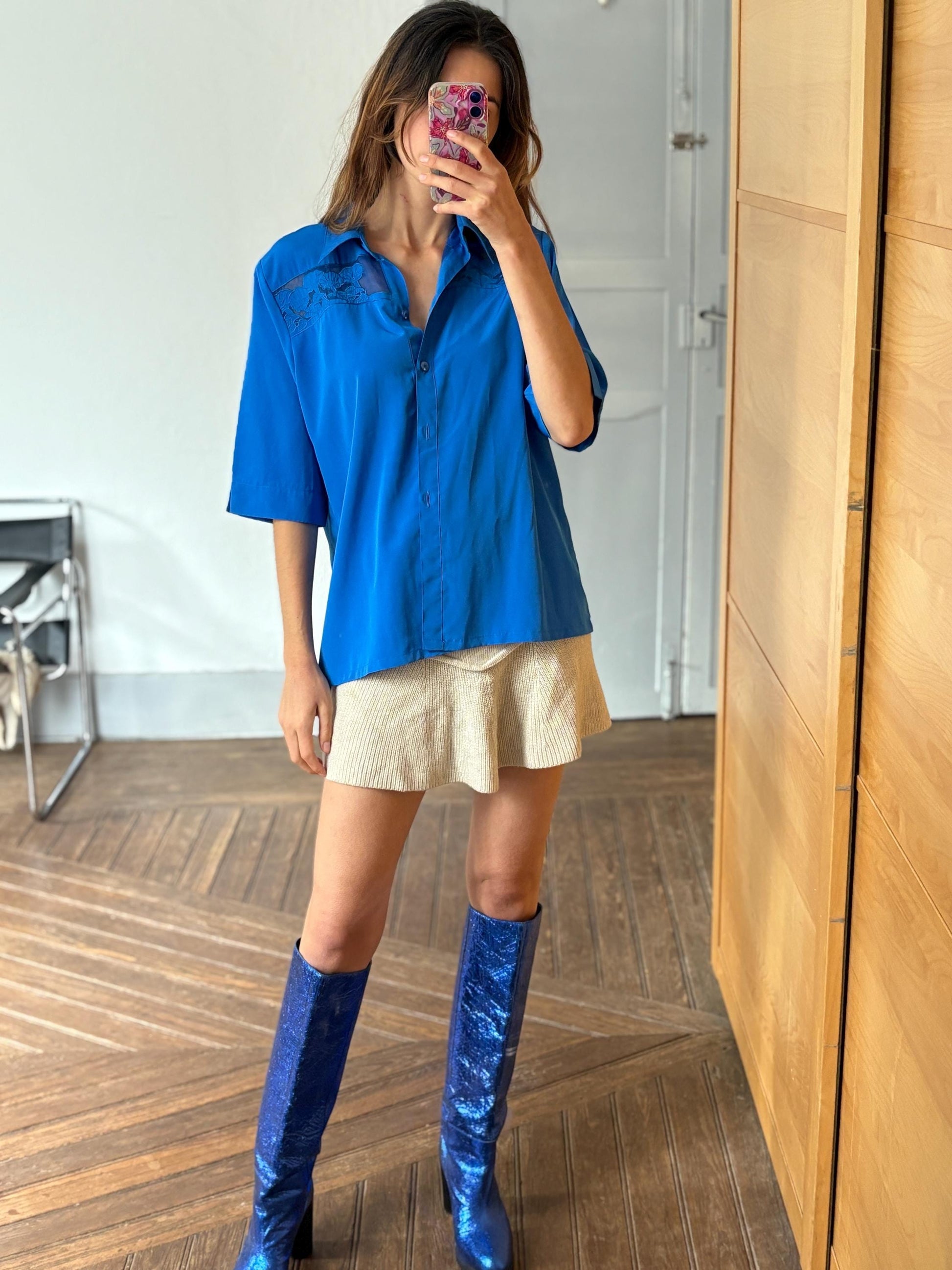 Vintage cobalt Blue summer Blouse, Retro Button-Up shirt, Vibrant pop of colour a la Emily In Paris