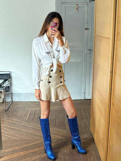 Vintage White Houndstooth Blouse with Gold Buttons
