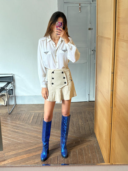 Vintage White Houndstooth Blouse with Gold Buttons