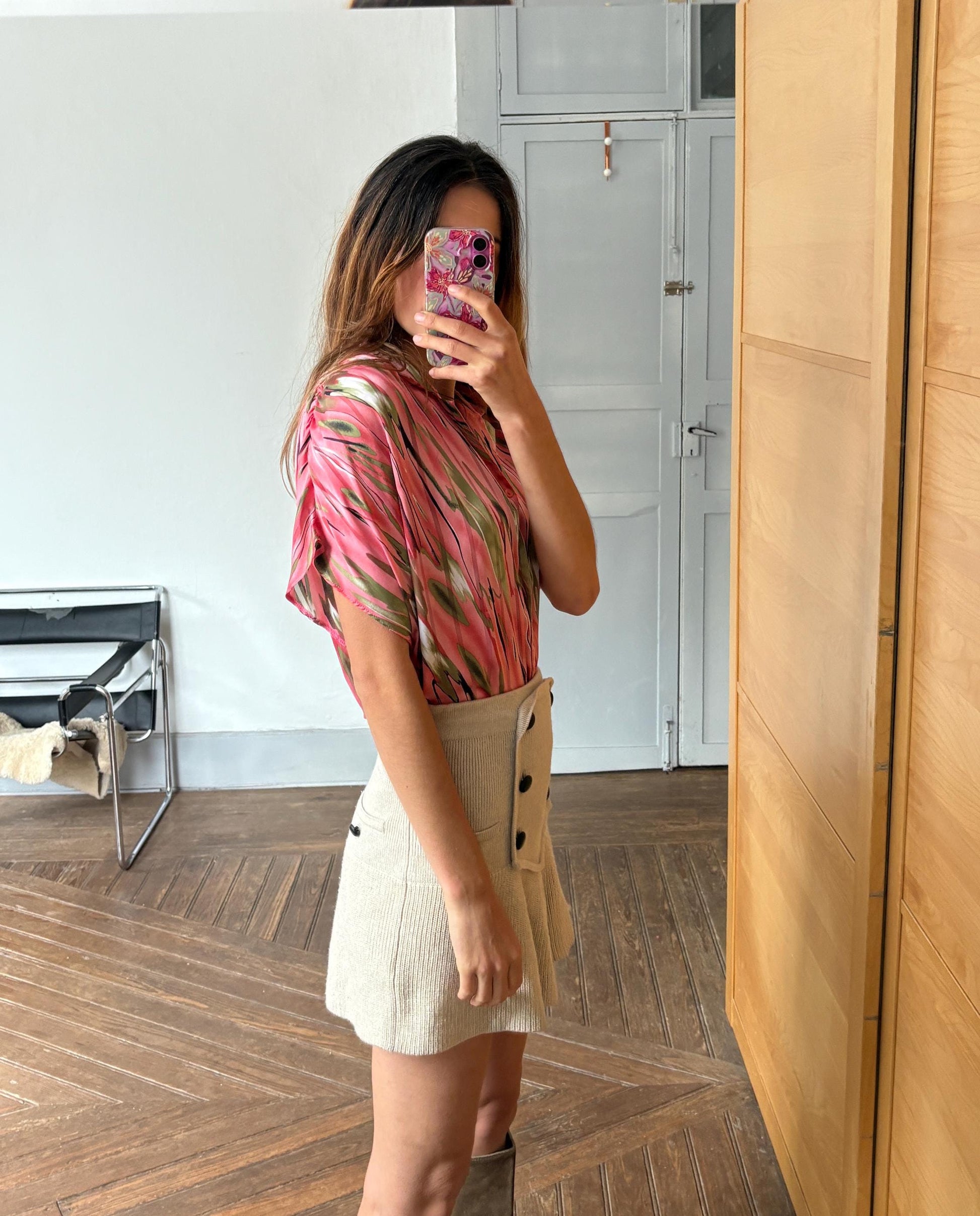 Vintage pink abstract woman camisole, 60s flower top, Short sleevecolourful feminine summer clothing