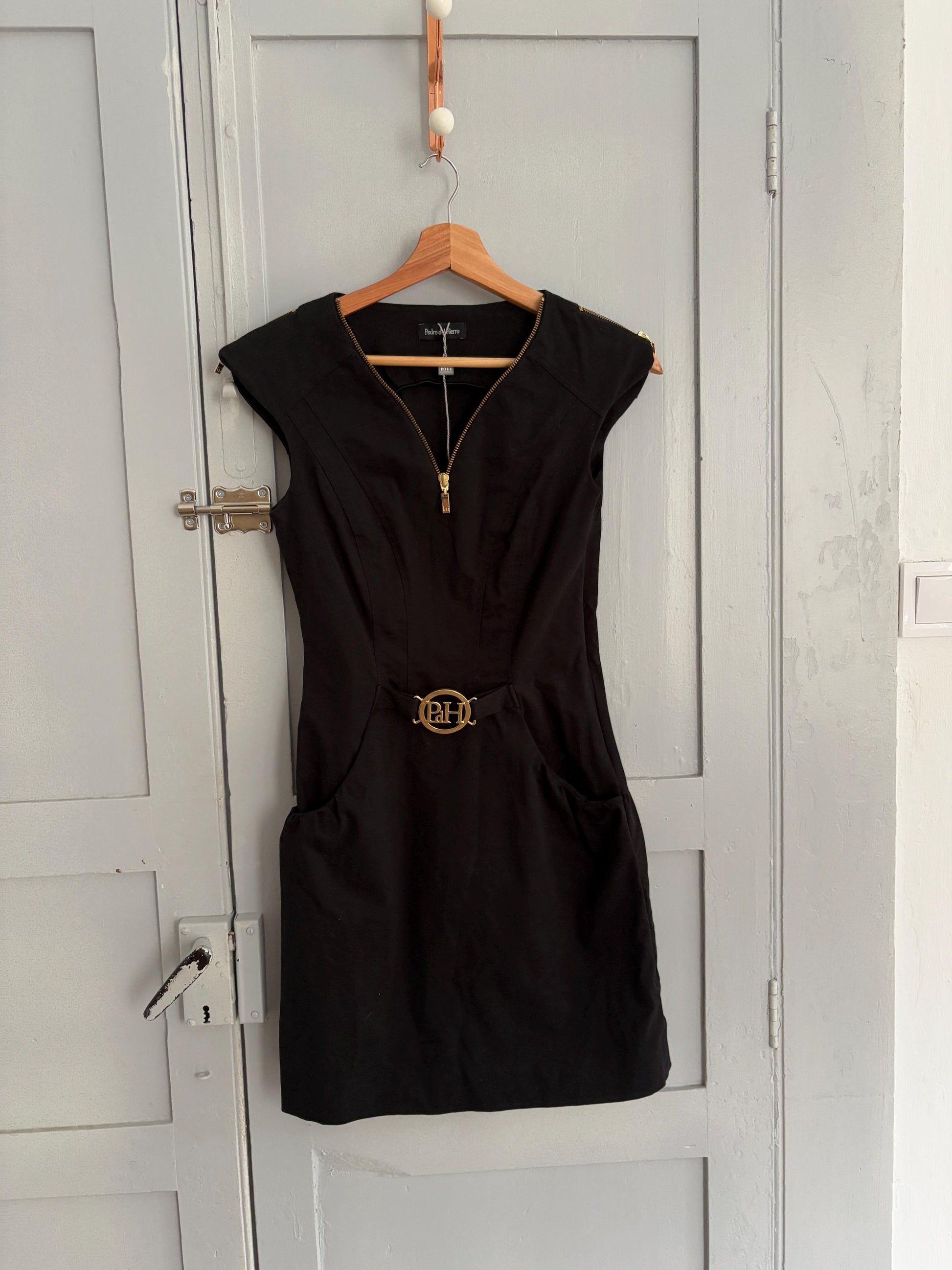 Vintage Pedro del Hierro elegant black mini dress, Sexy feminine curve short black formal dress by Spanish designer label