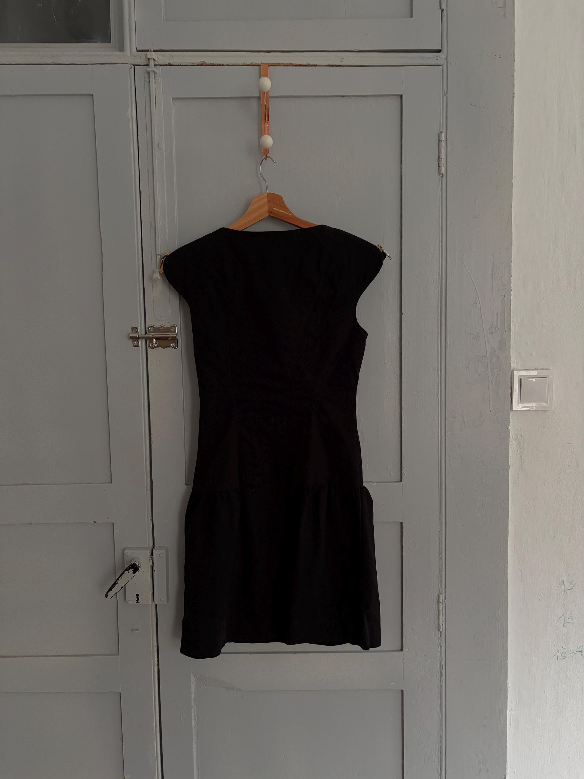 Vintage Pedro del Hierro elegant black mini dress, Sexy feminine curve short black formal dress by Spanish designer label