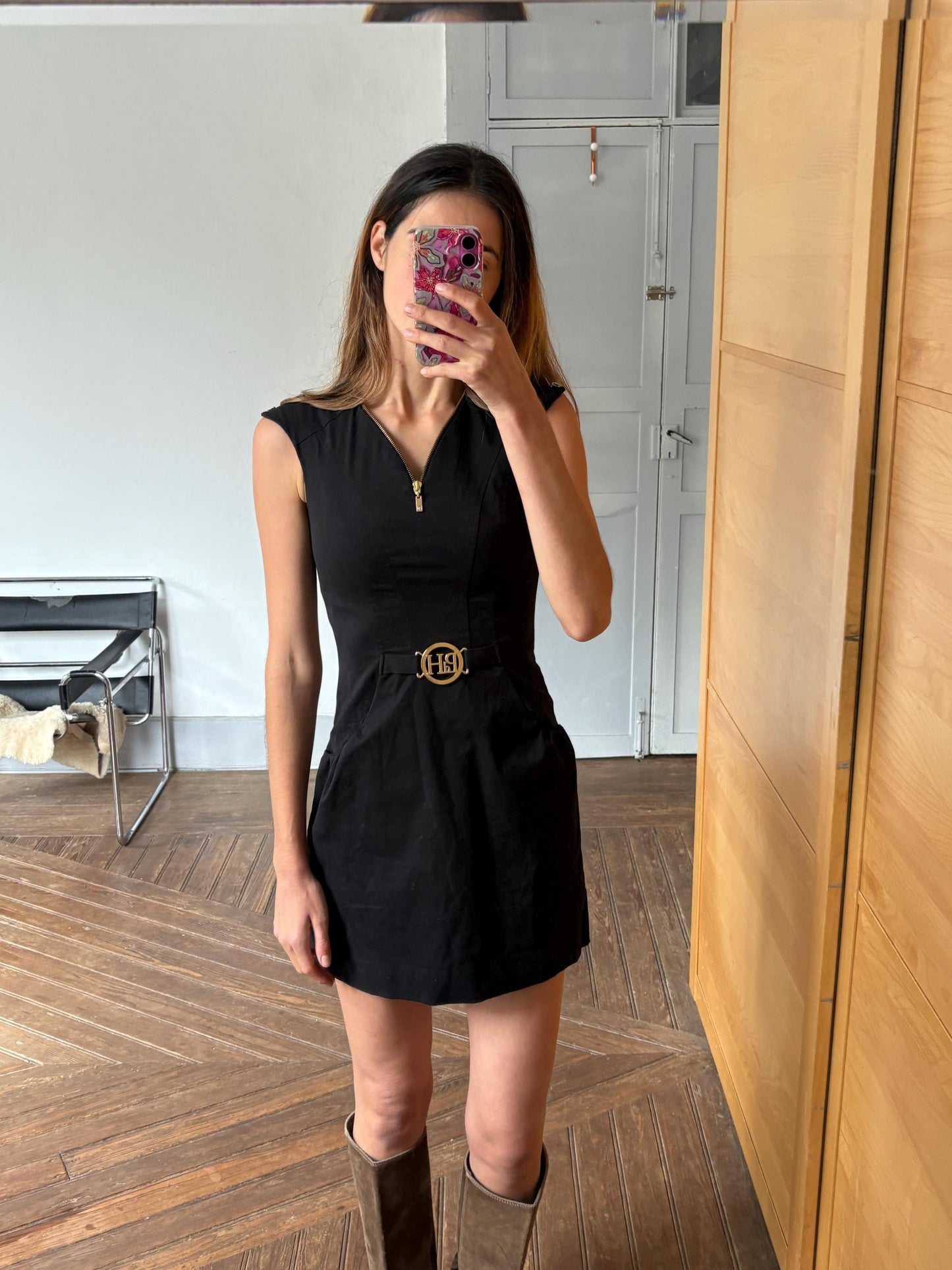 Vintage Pedro del Hierro elegant black mini dress, Sexy feminine curve short black formal dress by Spanish designer label