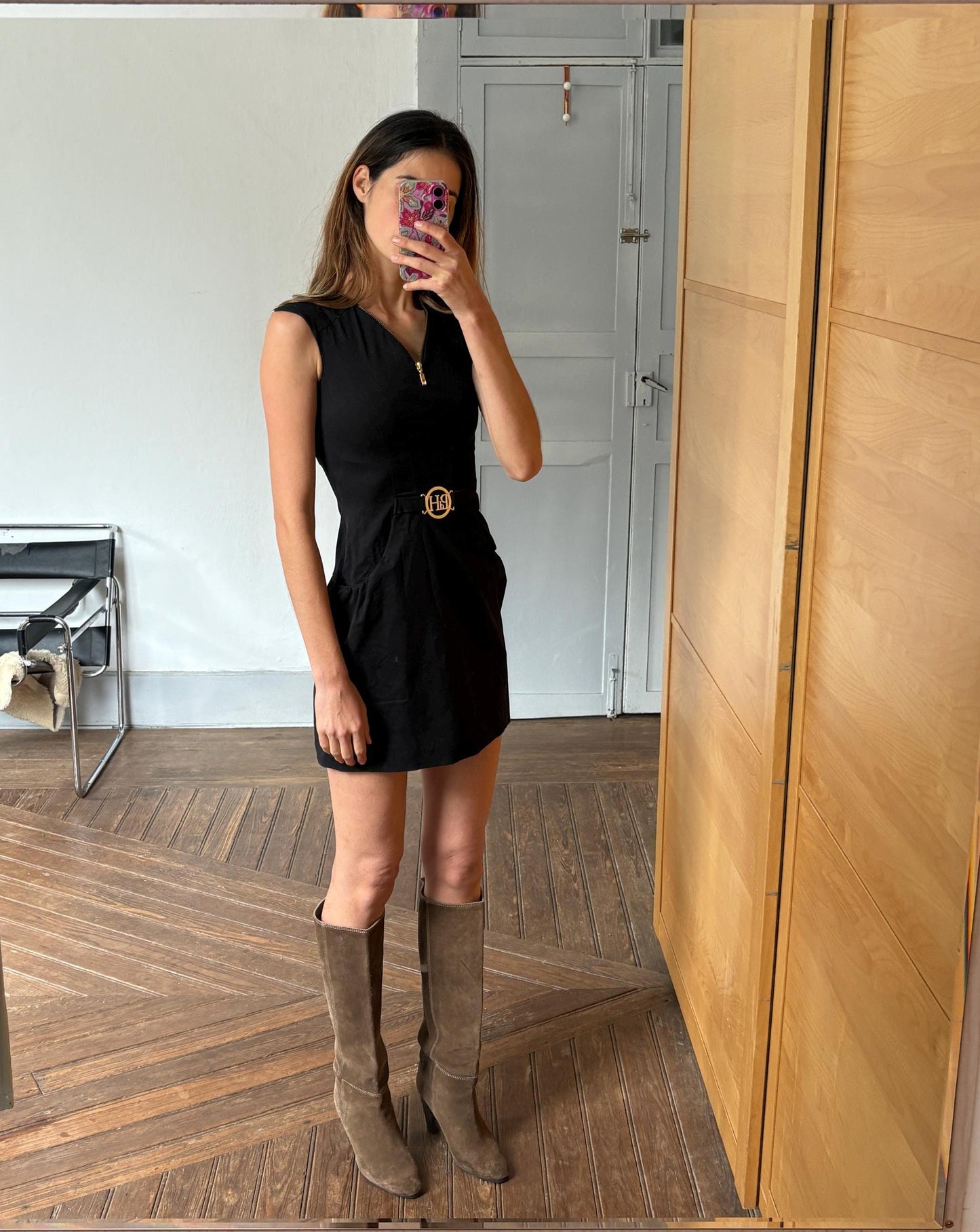 Vintage Pedro del Hierro elegant black mini dress, Sexy feminine curve short black formal dress by Spanish designer label